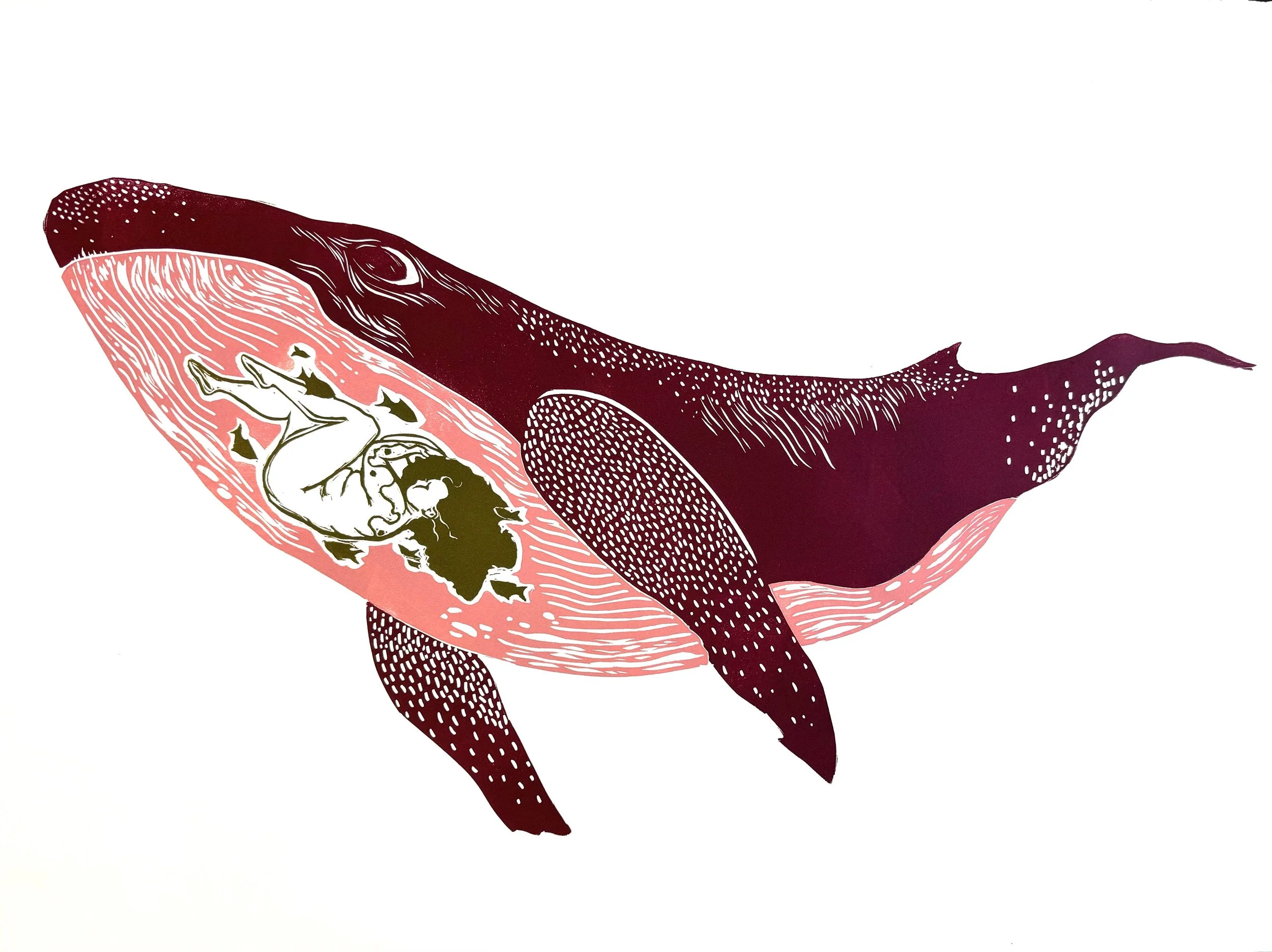 "Self Portrait Inside A Whale" 18x24" jigsaw linocut on BFK, 2024