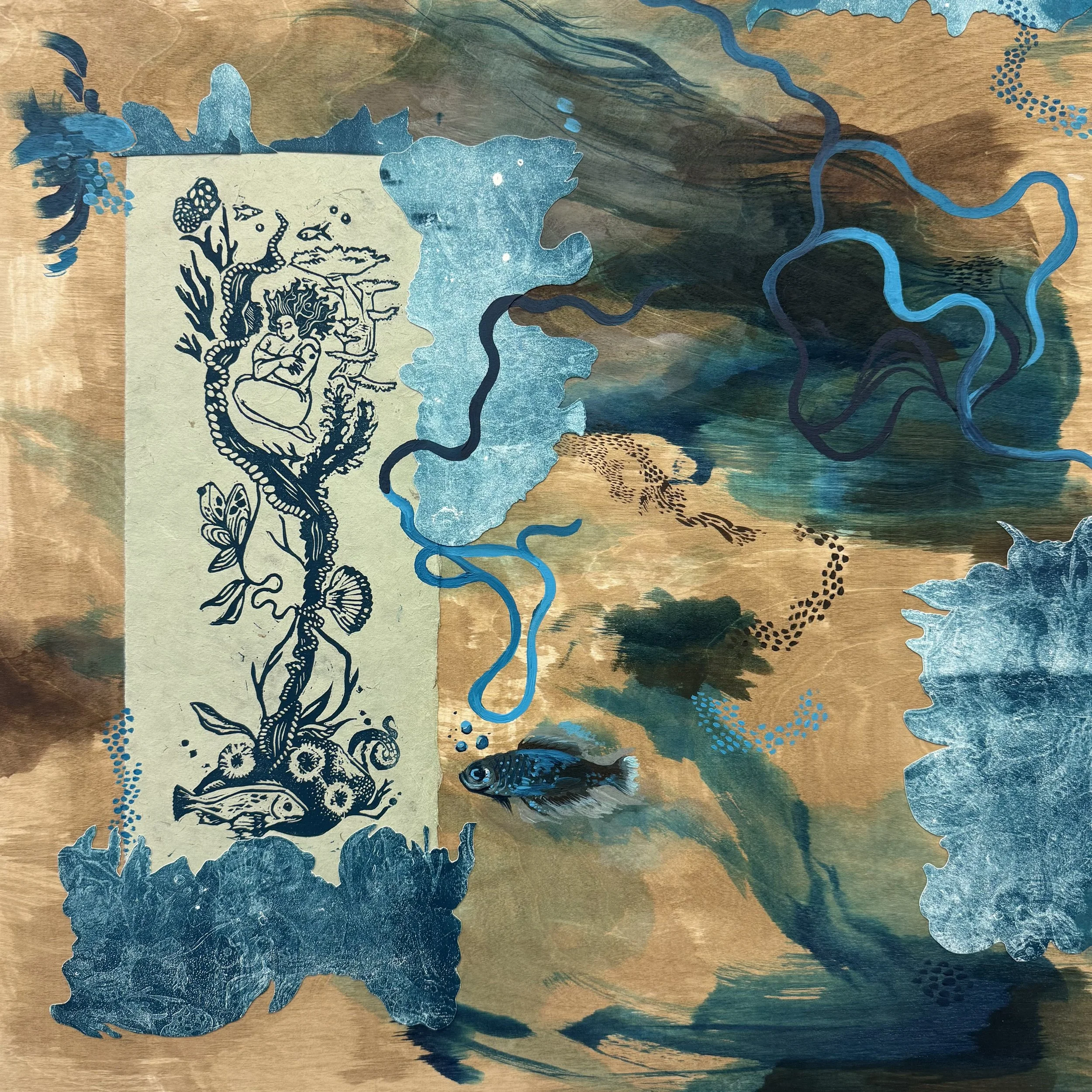 "Ocean Reliquary on Wood Panel" 20x20" linocut, walnut ink, India ink, collage, 2025