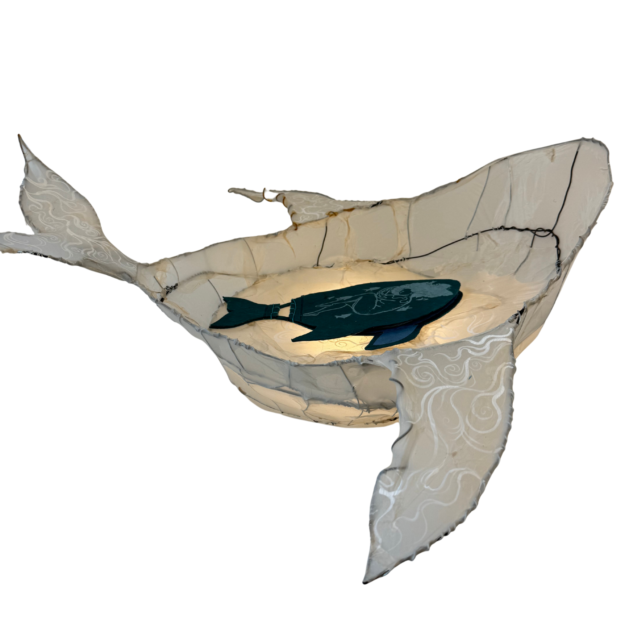 The Whale, 14x24", 2024, Sculpture with handmade abaca paper, wire, white ink, light (inside)