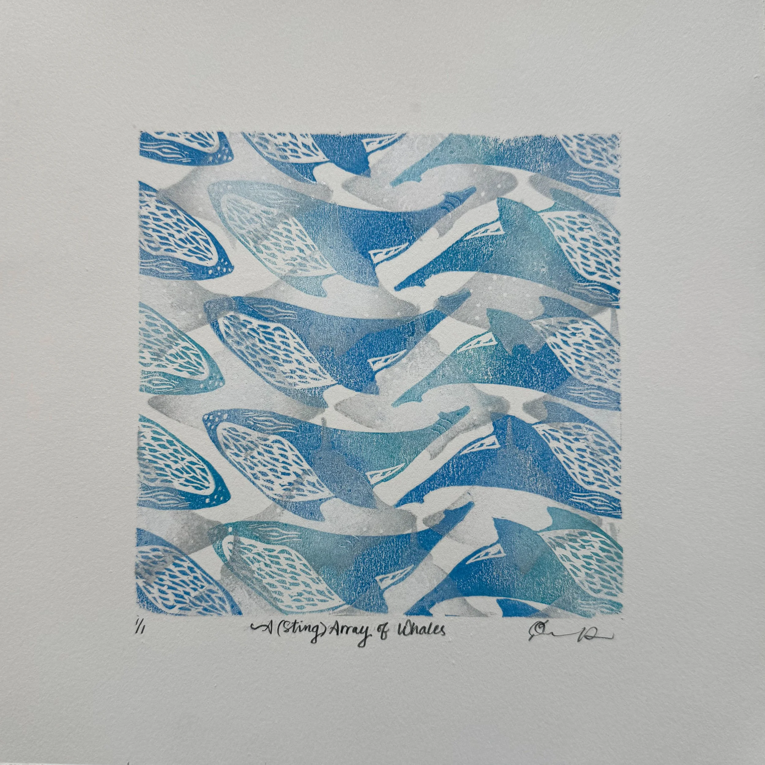 "A Sting Array of Whales" 8x8" stamp monotype, 2025