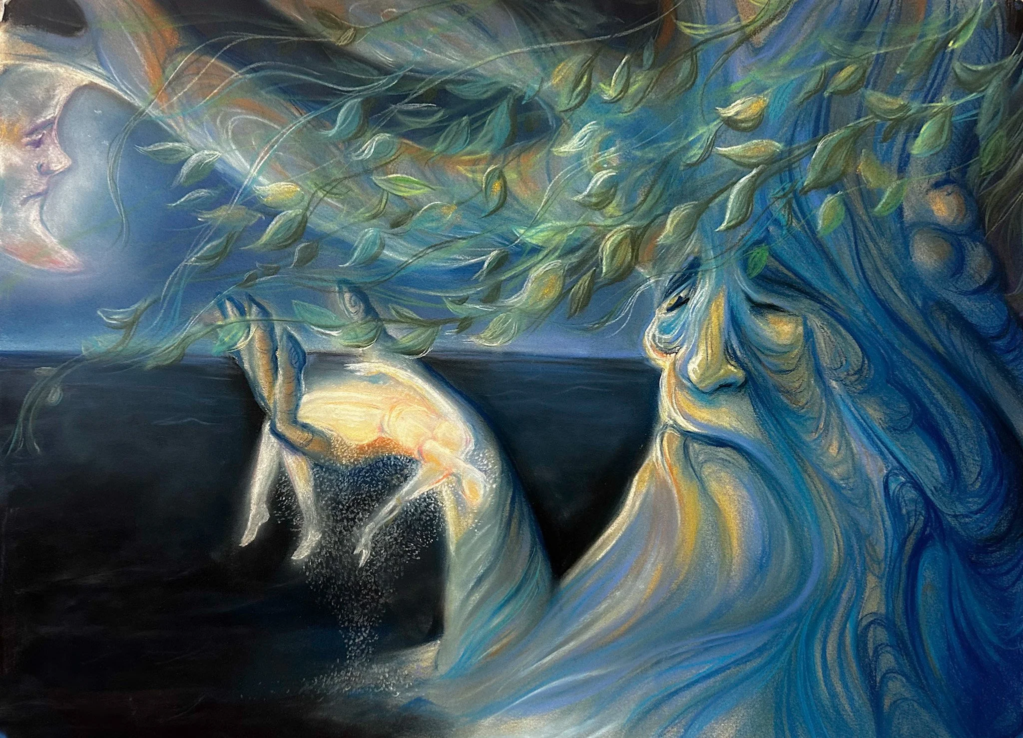 "Dissolving Under The Willow Tree" 22x30" conte/pastel 2023