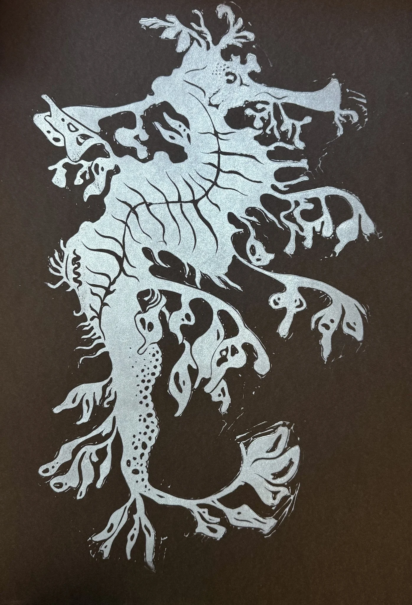"Leafy Sea Dragon" 13x19" linocut on stonehenge (black), 2024