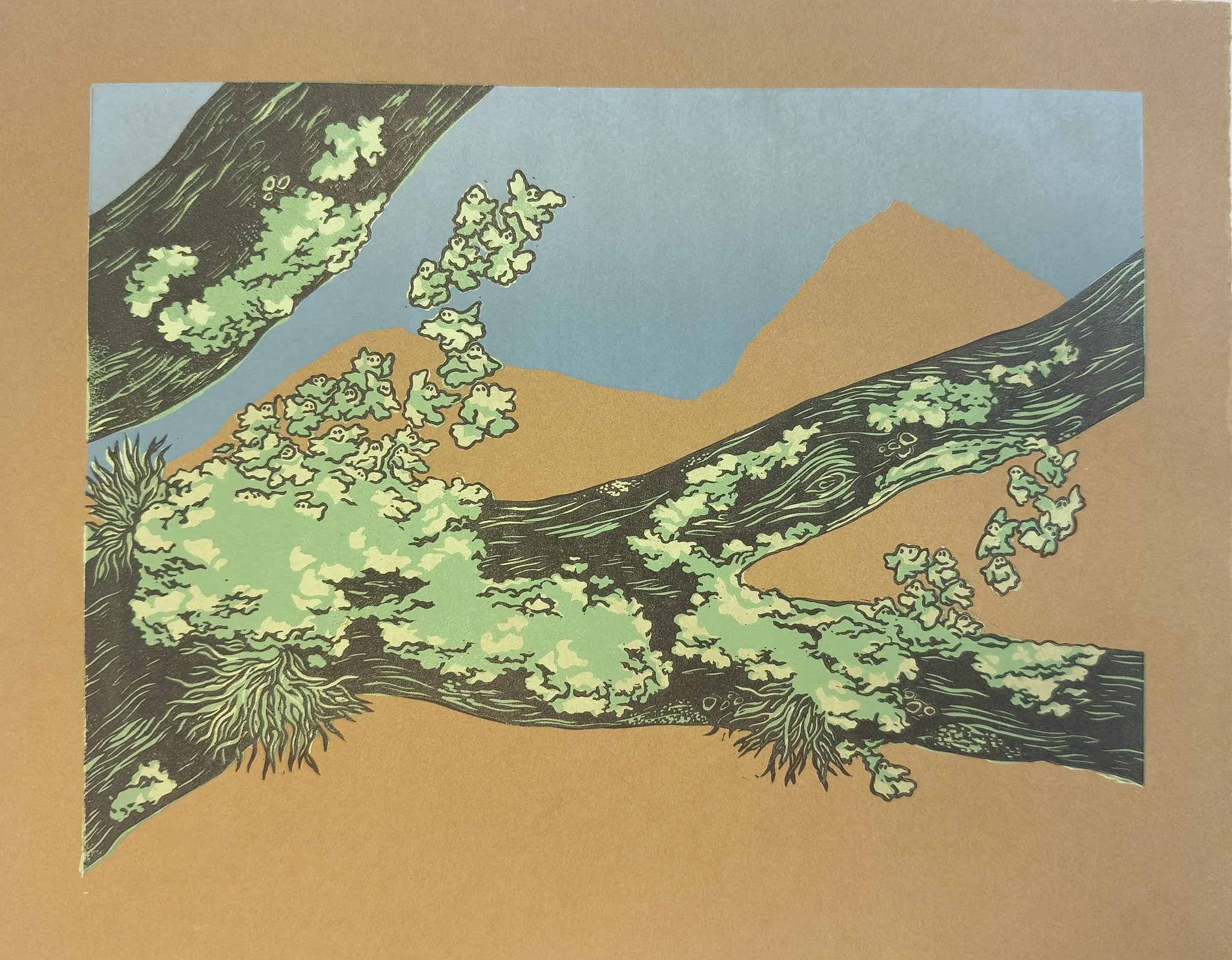 “Lichen Babies" 11x14" linocut multi-block and reduction on Stonehenge Kraft paper, 2026