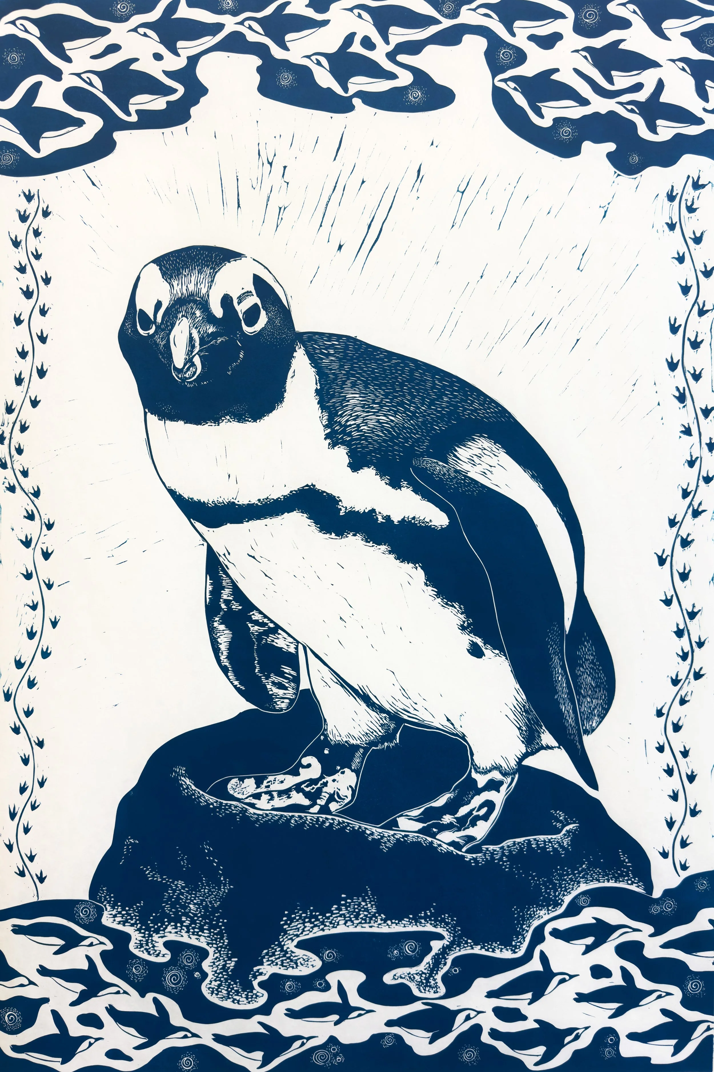 “African Penguin” 24x36” linocut on Mulberry paper, 2026