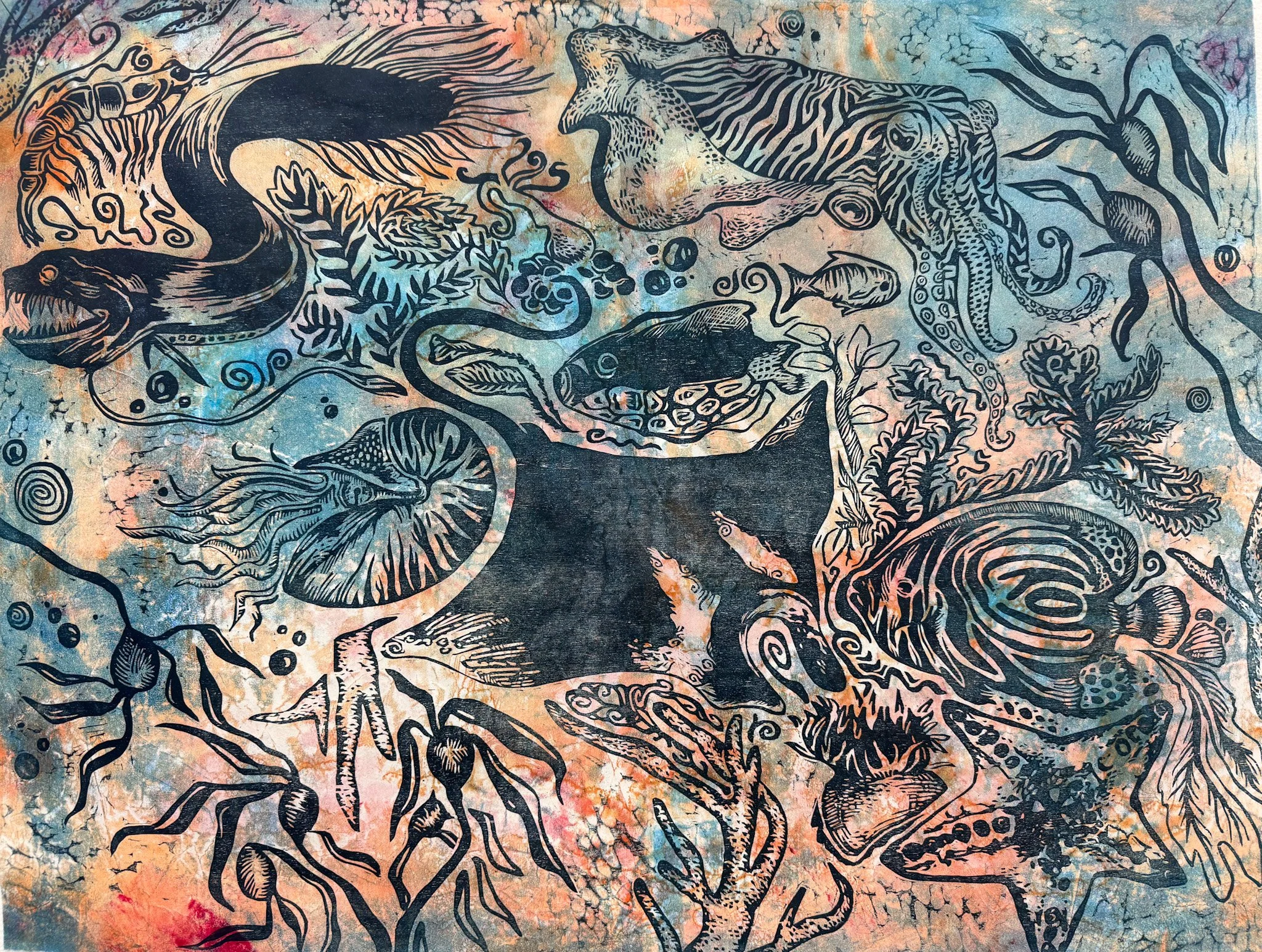"Ocean Scene" 24x32" woodcut & monotype on Thai Kozo 2025