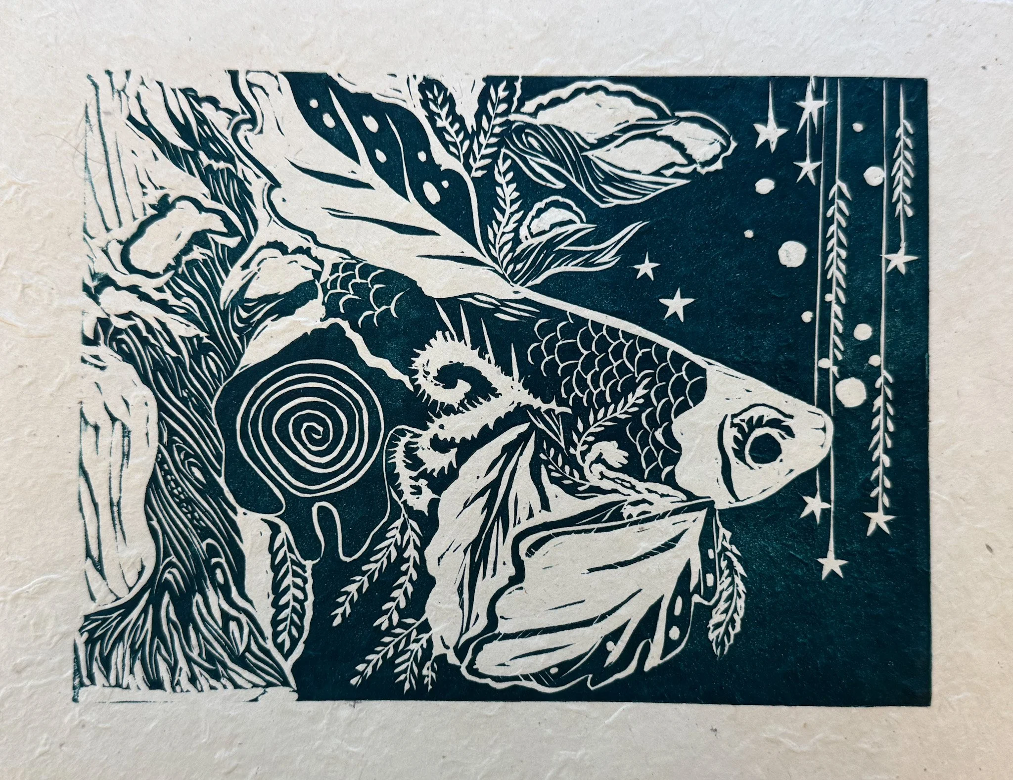 "Betta & Foliage" 8x10" linocut on Lokta (blue/natural), 2024