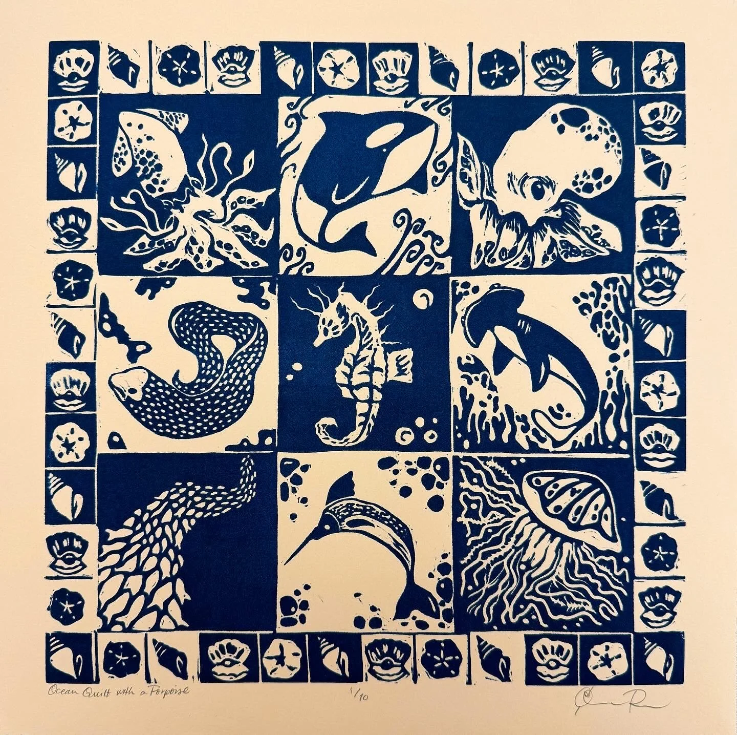 "Ocean Quilt" 14x14" linocut on BFK (cream) 2024