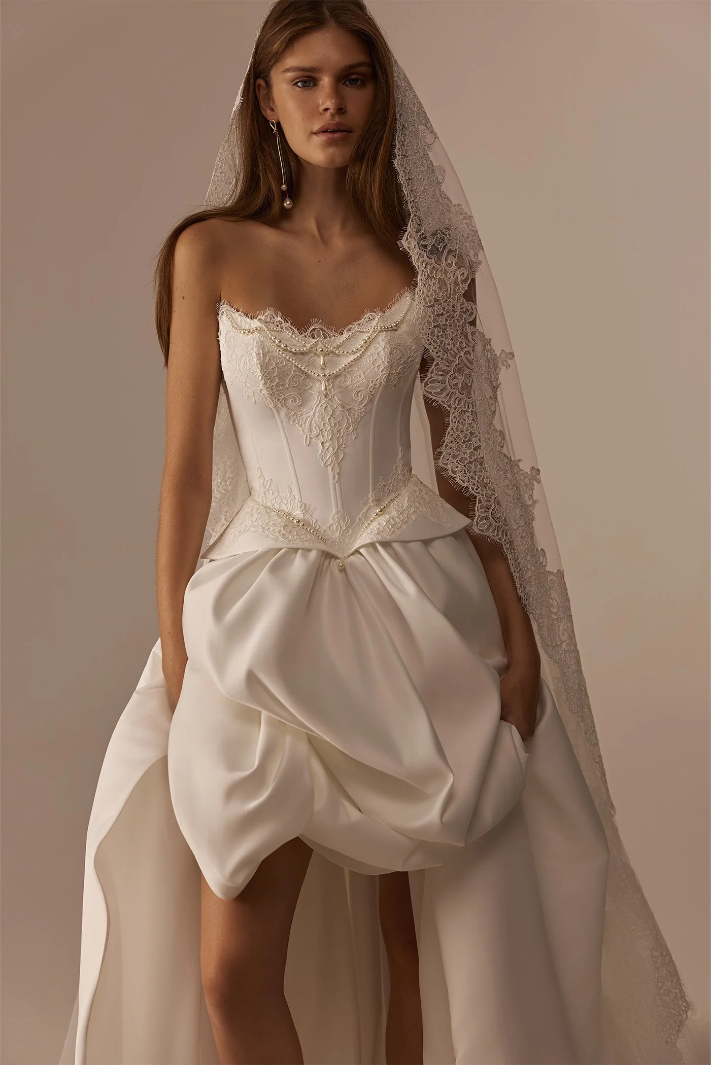 5912 Maria Anette Couture – Strapless Basque Waist Corset Ball Gown & Lace Veil