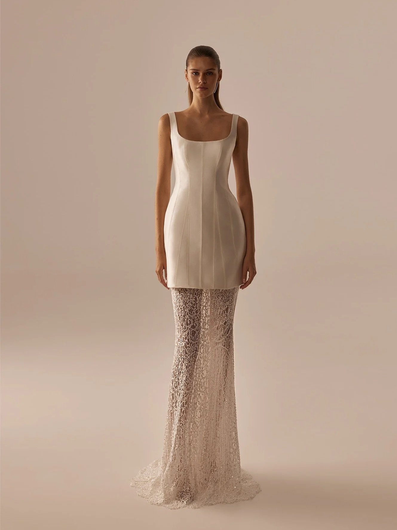 5941 Maria Anette Couture – Fitted Bridal Mini Dress with Detachable Lace Skirt & Veil