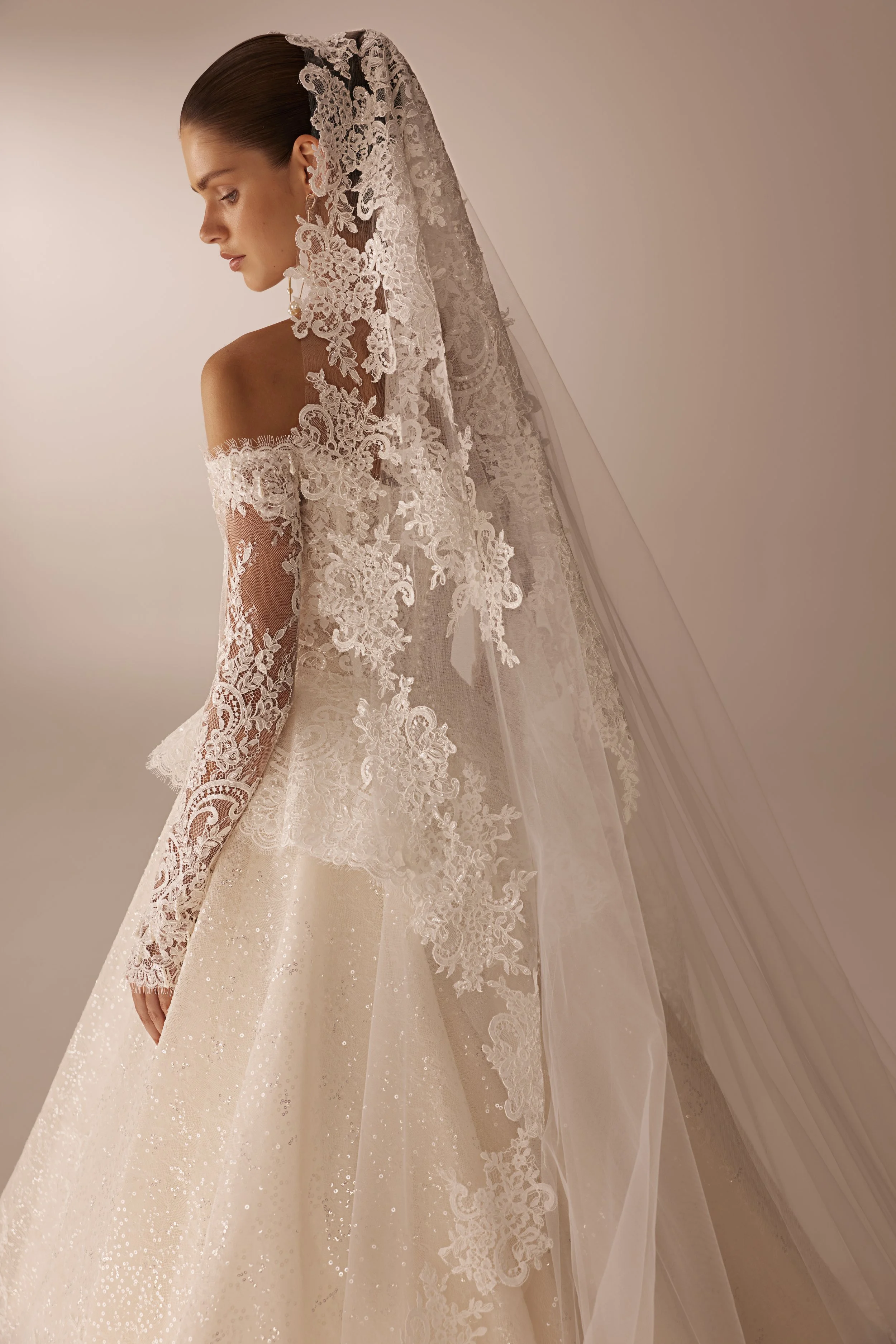 5902 Maria Anette Couture – Off-the-Shoulder Long Sleeve Lace Ball Gown & Matching Veil