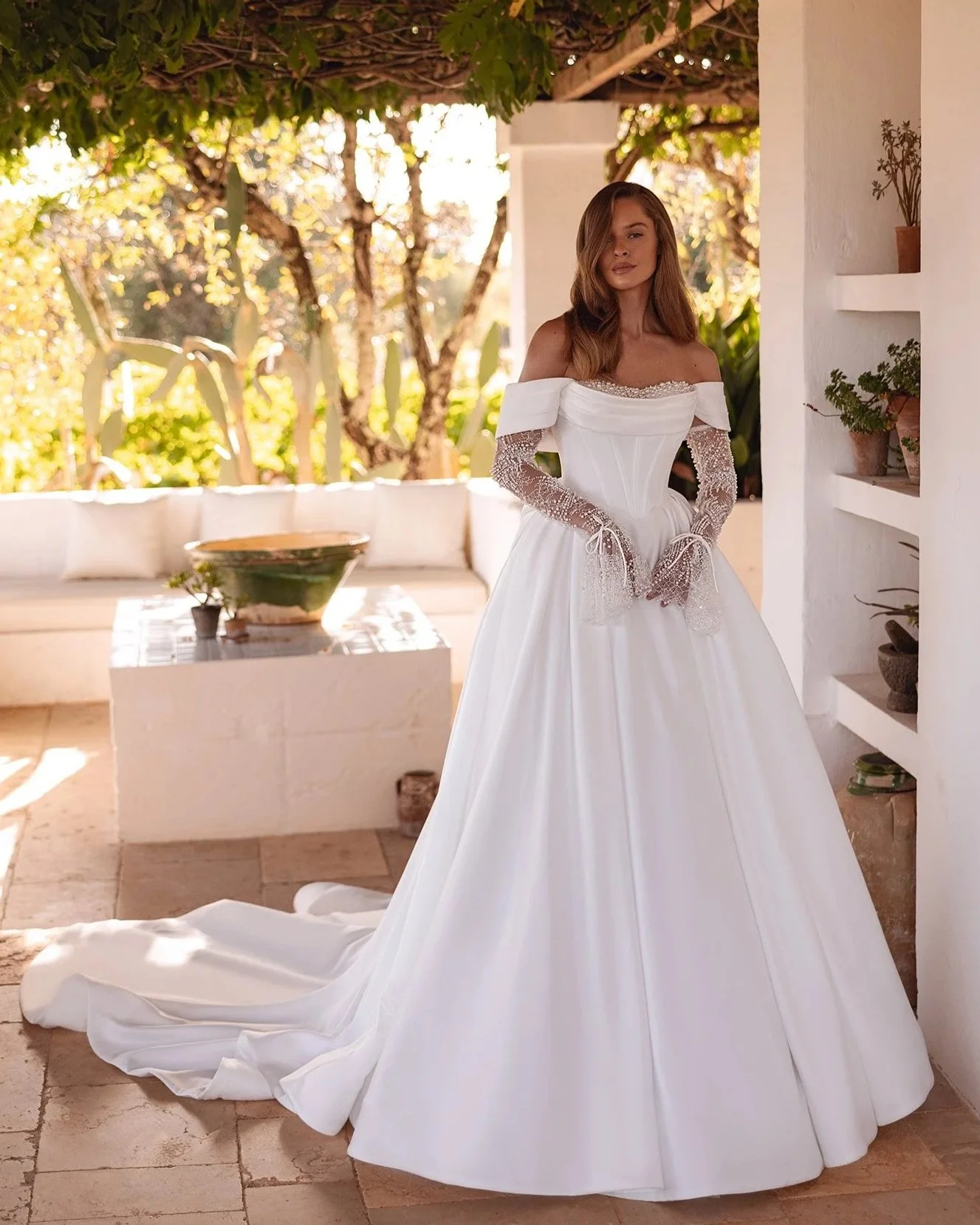 5802 – Maria Anette Timeless Satin Ball Gown & Detachable Beaded Sleeves