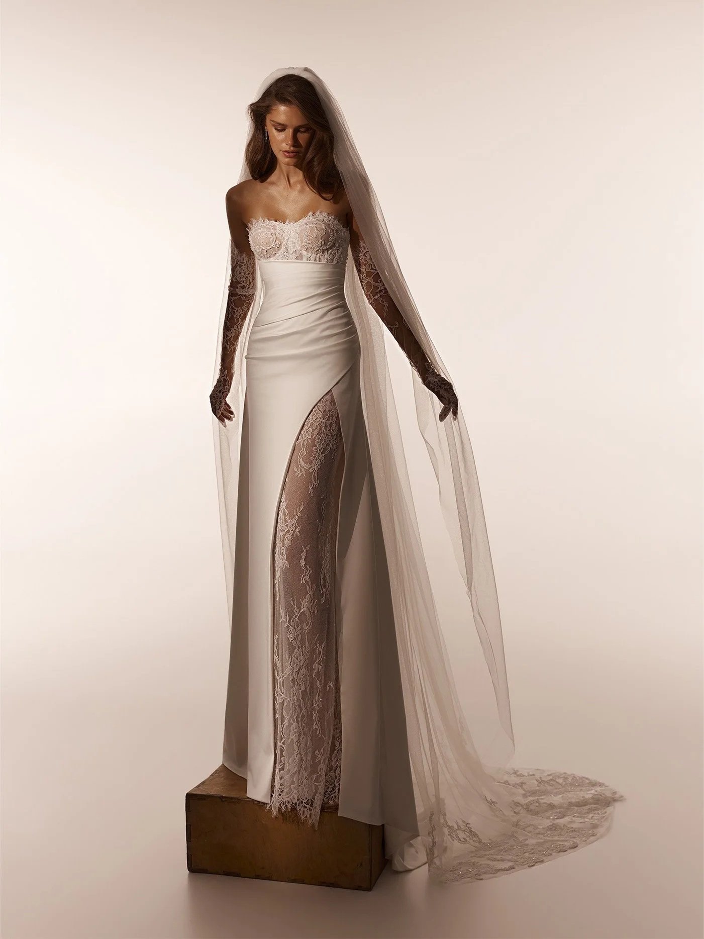 5910 Maria Anette Couture – Strapless Draped Fit-and-Flare Wedding Dress with Lace Detailing & Veil