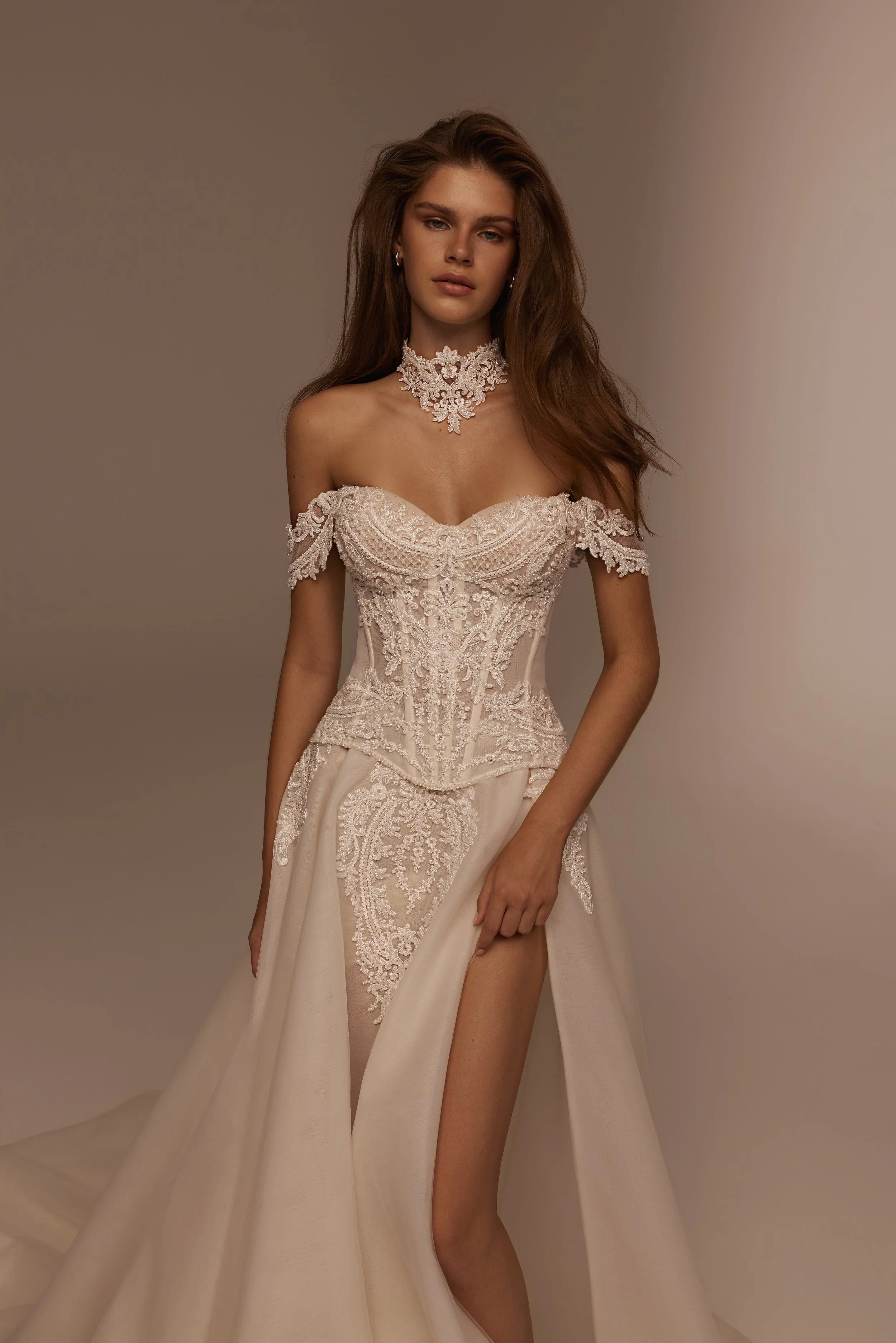 5905 Maria Anette Couture – Off-the-Shoulder Lace Corset Wedding Dress with Choker | Mermaid / A-Line