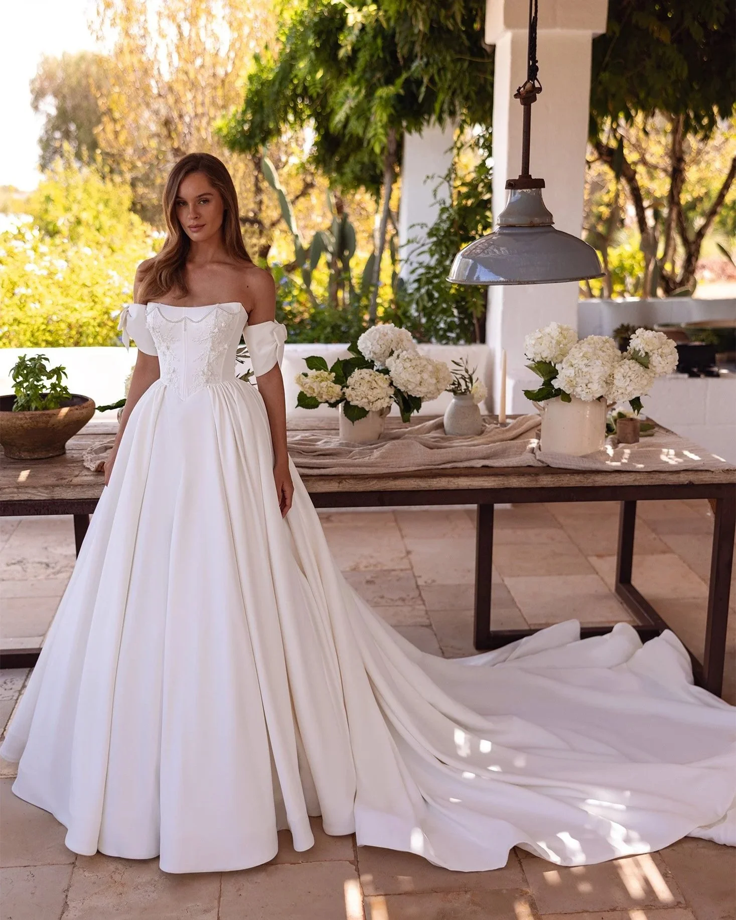 5816 Maria Anette Timeless Off-Shoulder Bow Satin Wedding Dress