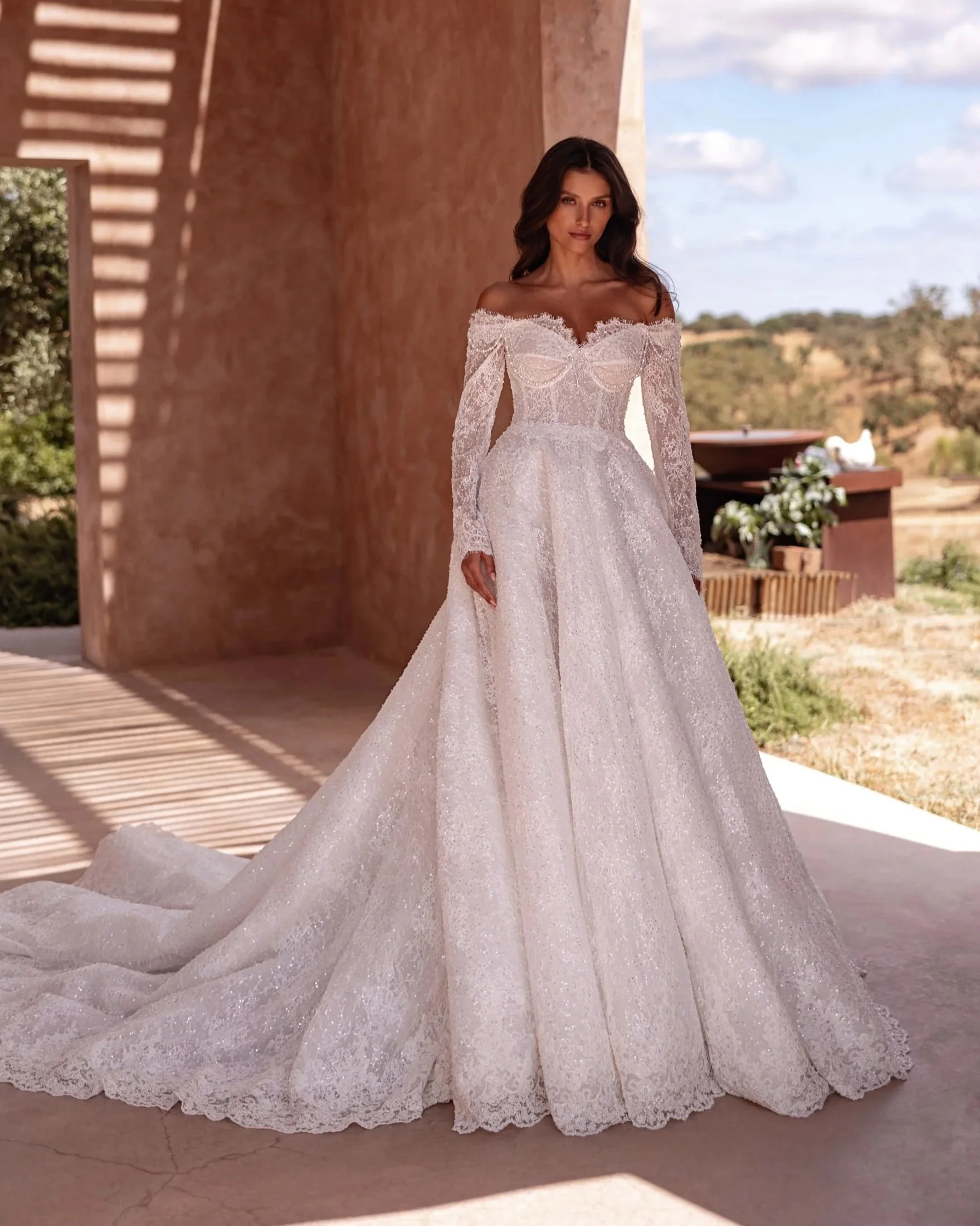 SD-001 – Elena Morar Soft Dreams Sparkle Lace Off-Shoulder A-Line Wedding Dress