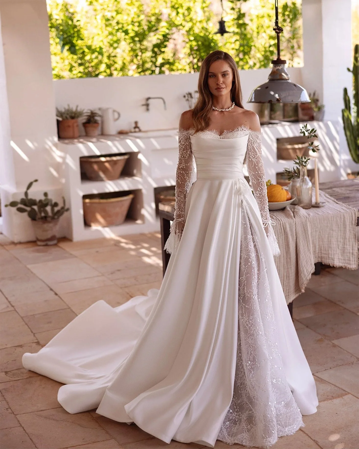 5836 — Maria Anette Timeless Off-Shoulder Lace A-Line Wedding Dress