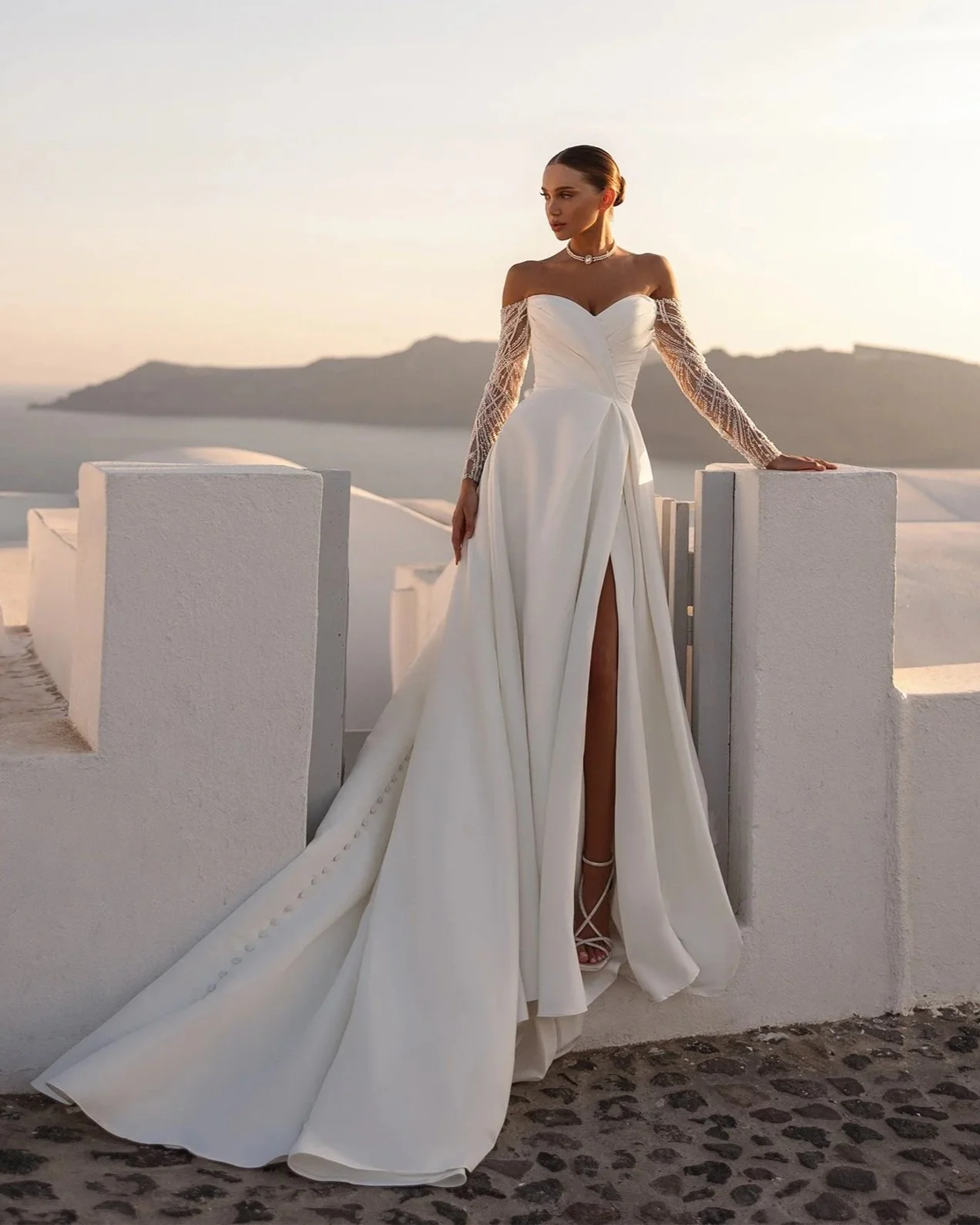 5709 Maria Anette Off-the-Shoulder Wedding Dress with Beaded Sleeves
