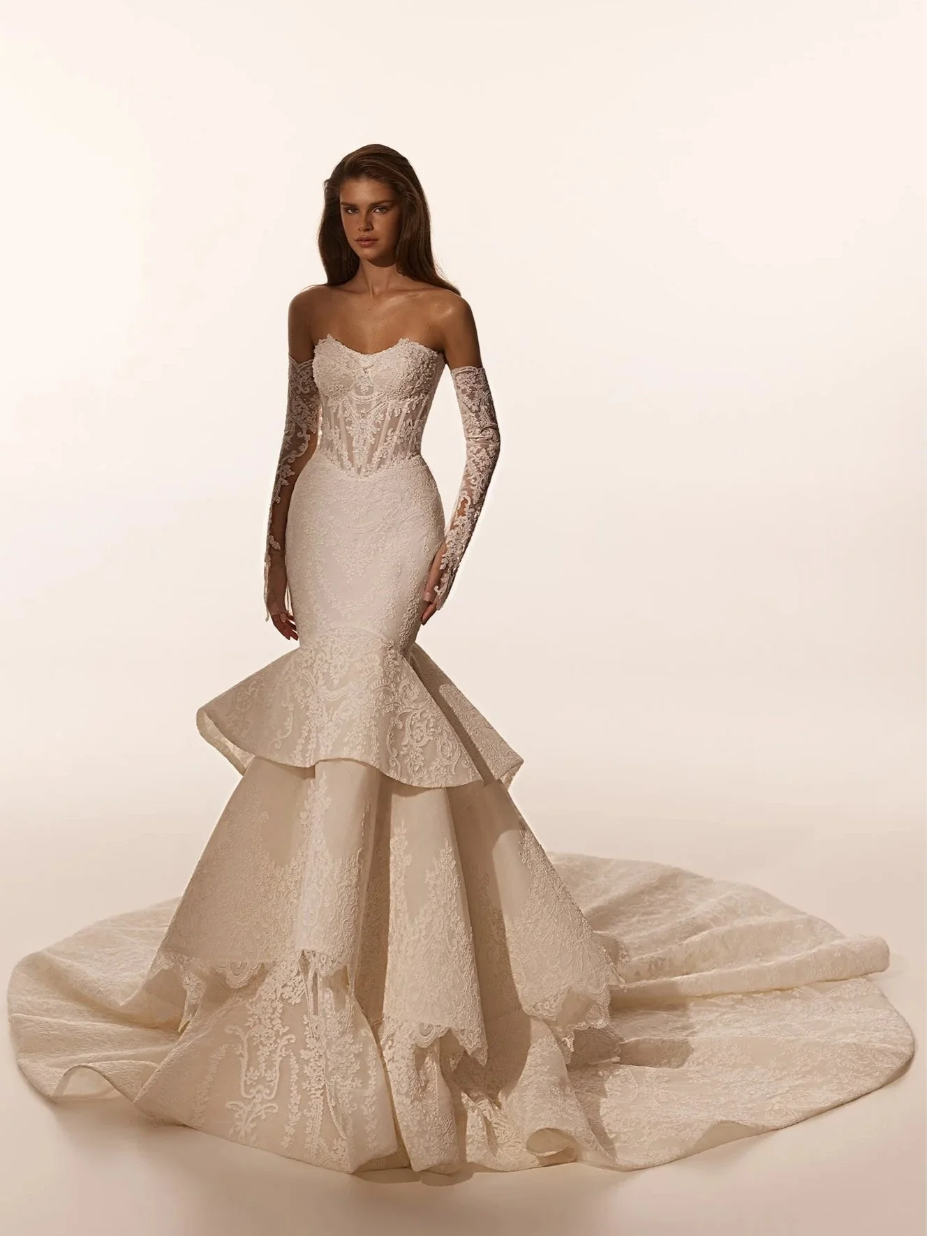 5913 Maria Anette Couture – Lace Corset Mermaid Wedding Dress with Tiered Skirt & Matching Veil