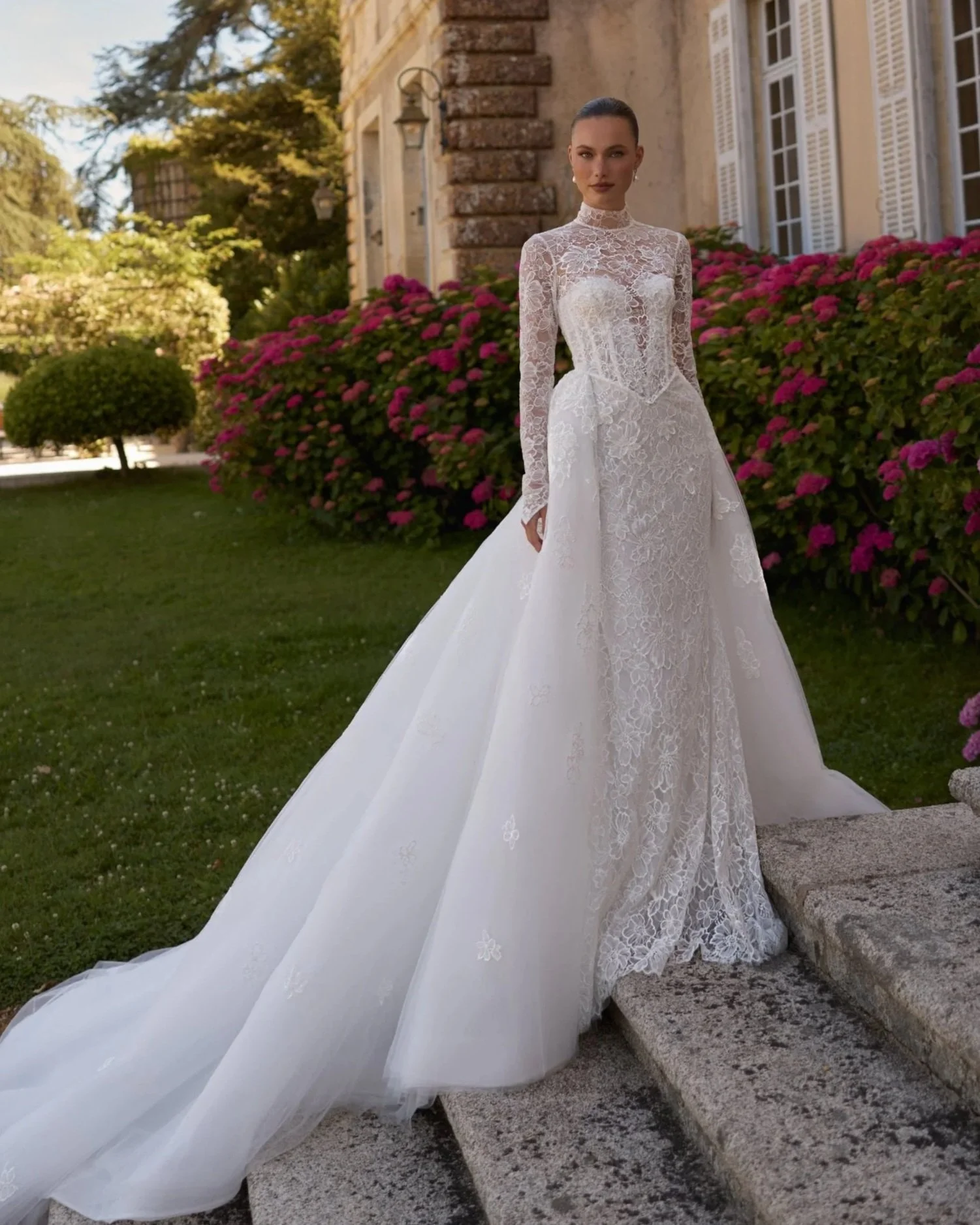 VL-039 Elena Morar Floral Lace Wedding Dress, Bolero & Detachable Train