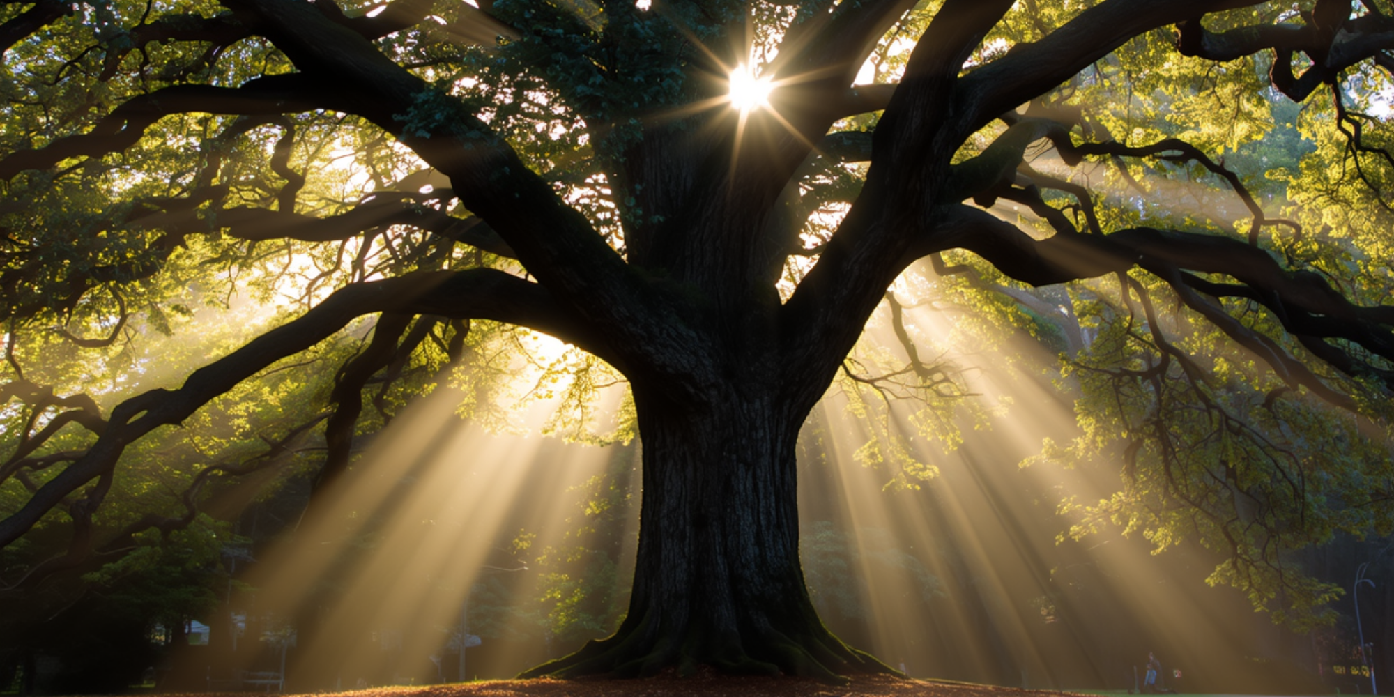 Sunlight streaming through the branches of a large, old tree with lush green leaves.