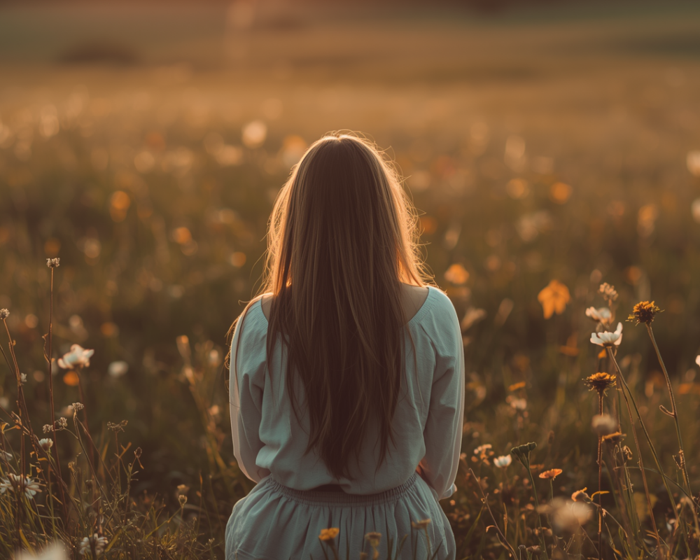 A woman with long hair sitting in a field of flowers during sunset.