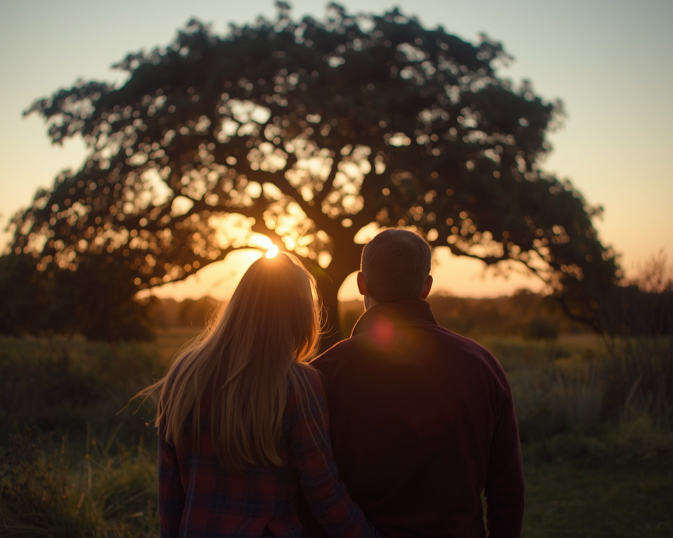 A couple sitting outdoors, watching the sunset behind a large tree.