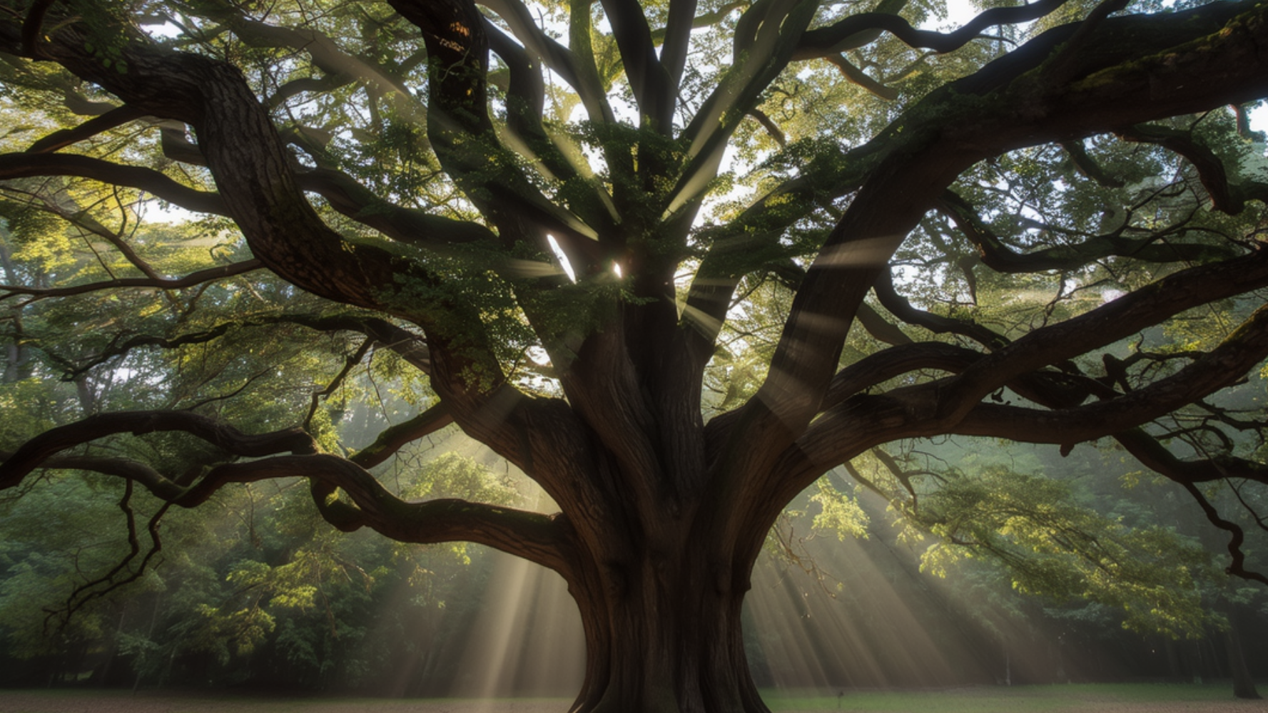 A large, sprawling tree with thick, twisting branches and green leaves, sunlight streaming through the canopy, and a serene forest setting.