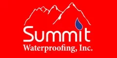 Logo of Summit Waterproofing, Inc. with mountains and a water droplet on a red background.