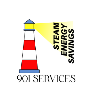 A lighthouse with red and white stripes emitting light with the text "STEAM ENERGY SAVINGS" and "901 SERVICES" below.