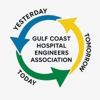 Circular diagram with arrows labeled 'Yesterday,' 'Today,' and 'Tomorrow,' surrounding the Gulf Coast Hospital Engineers Association logo.
