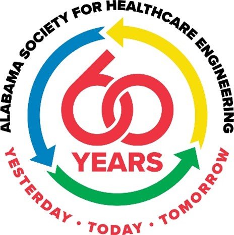 Logo celebrating 60 years of Alabama Society for Healthcare Engineering with interconnected arrows in blue, yellow, and green circling a red intertwined number 60, and the words 'YESTERDAY, TODAY, TOMORROW' at the bottom.