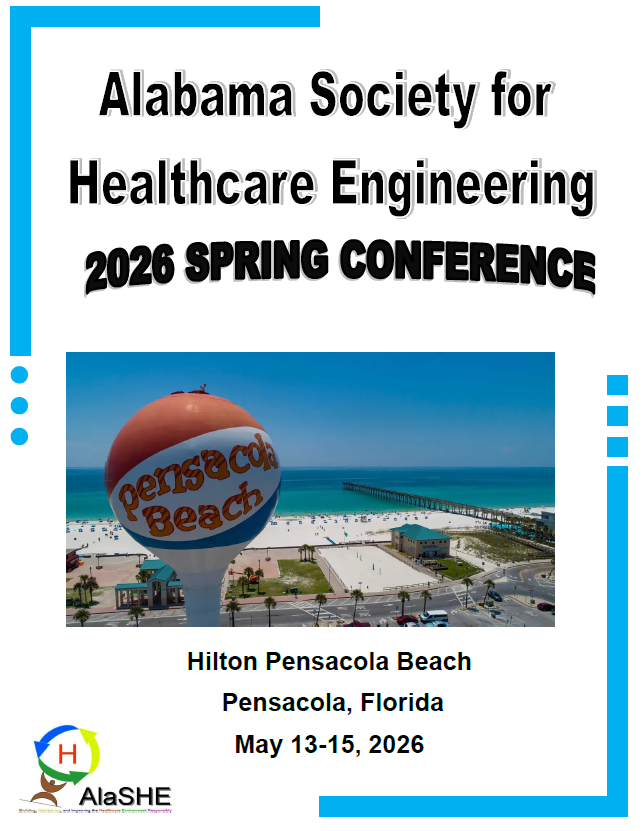 Poster for the Alabama Society for Healthcare Engineering 2026 Spring Conference at Hilton Pensacola Beach in Pensacola, Florida, from May 13 to 15, featuring a photo of a water tower with Pensacola Beach written on it, and the logo of AlaSHE.