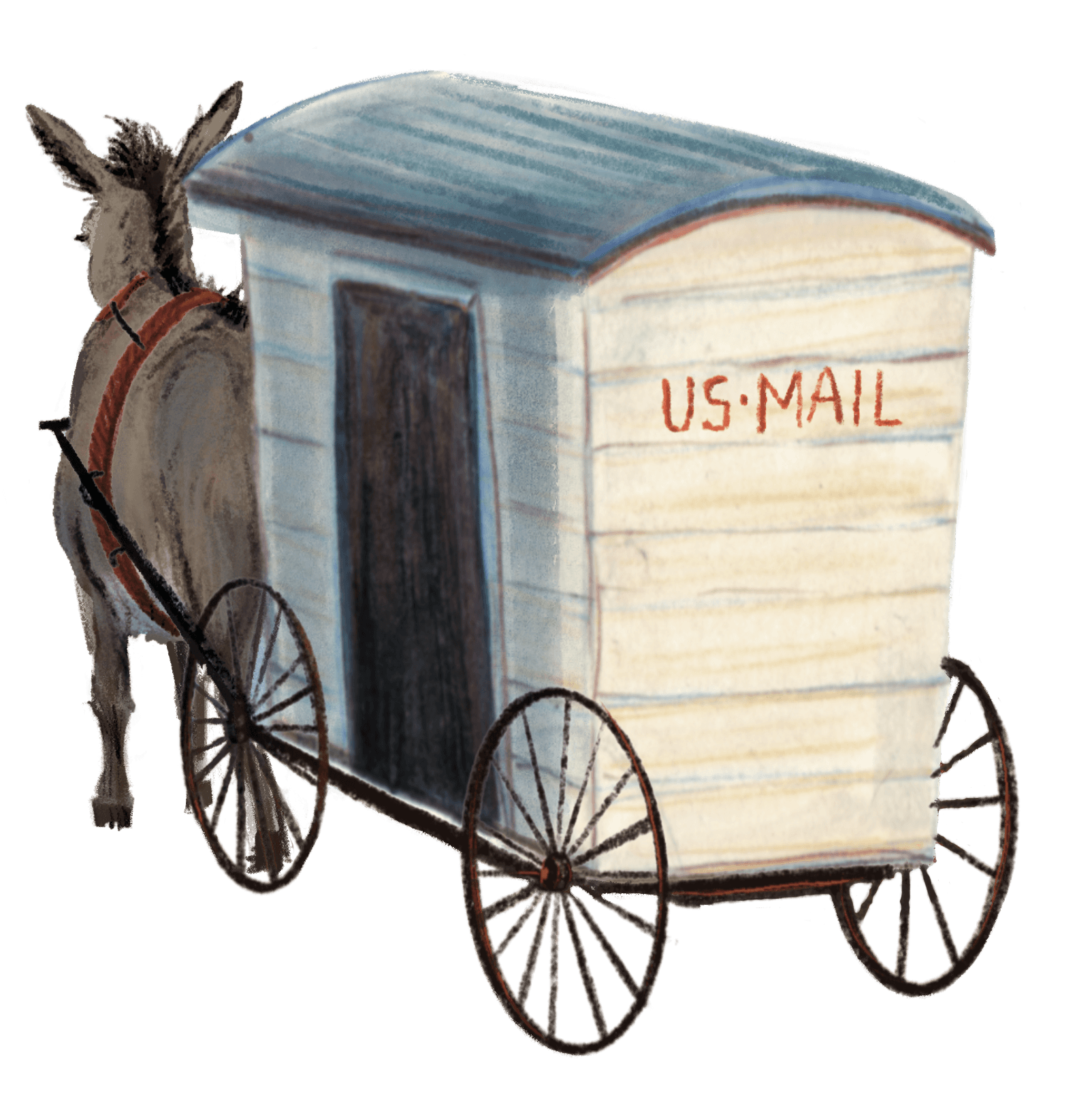 Illustration of an old-fashioned wooden wagon with large spoked wheels, labeled 'U.S. MAIL,' and a donkey hitched to it.