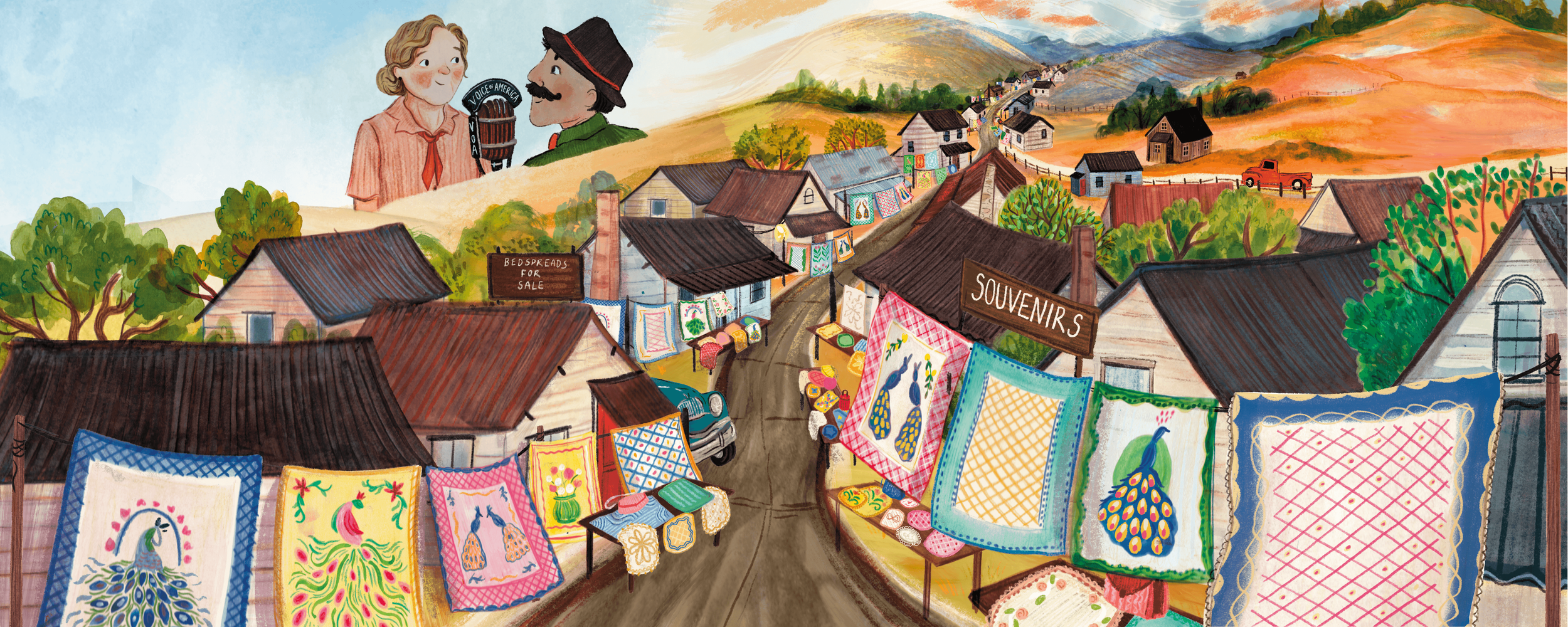 A colorful illustration of a small outdoor market on a village street with various handmade goods, including quilted textiles, for sale. In the upper left corner, a boy and girl are talking, with the girl holding a microphone labeled 'Voice of America.' The background shows houses, green trees, and rolling hills in the distance.