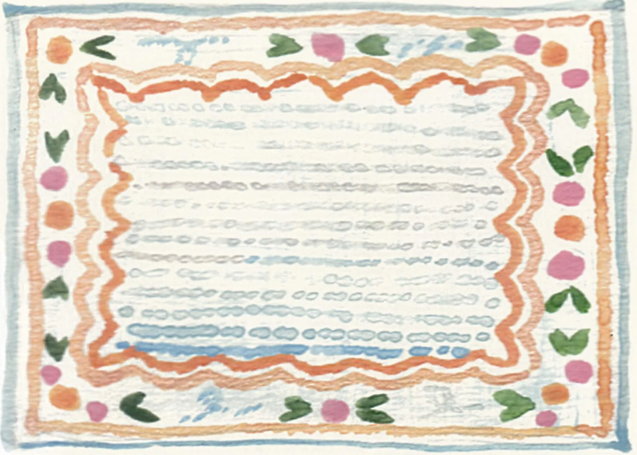 Colorful decorative border with wavy lines, dots, and leaf shapes surrounding a blank central area.