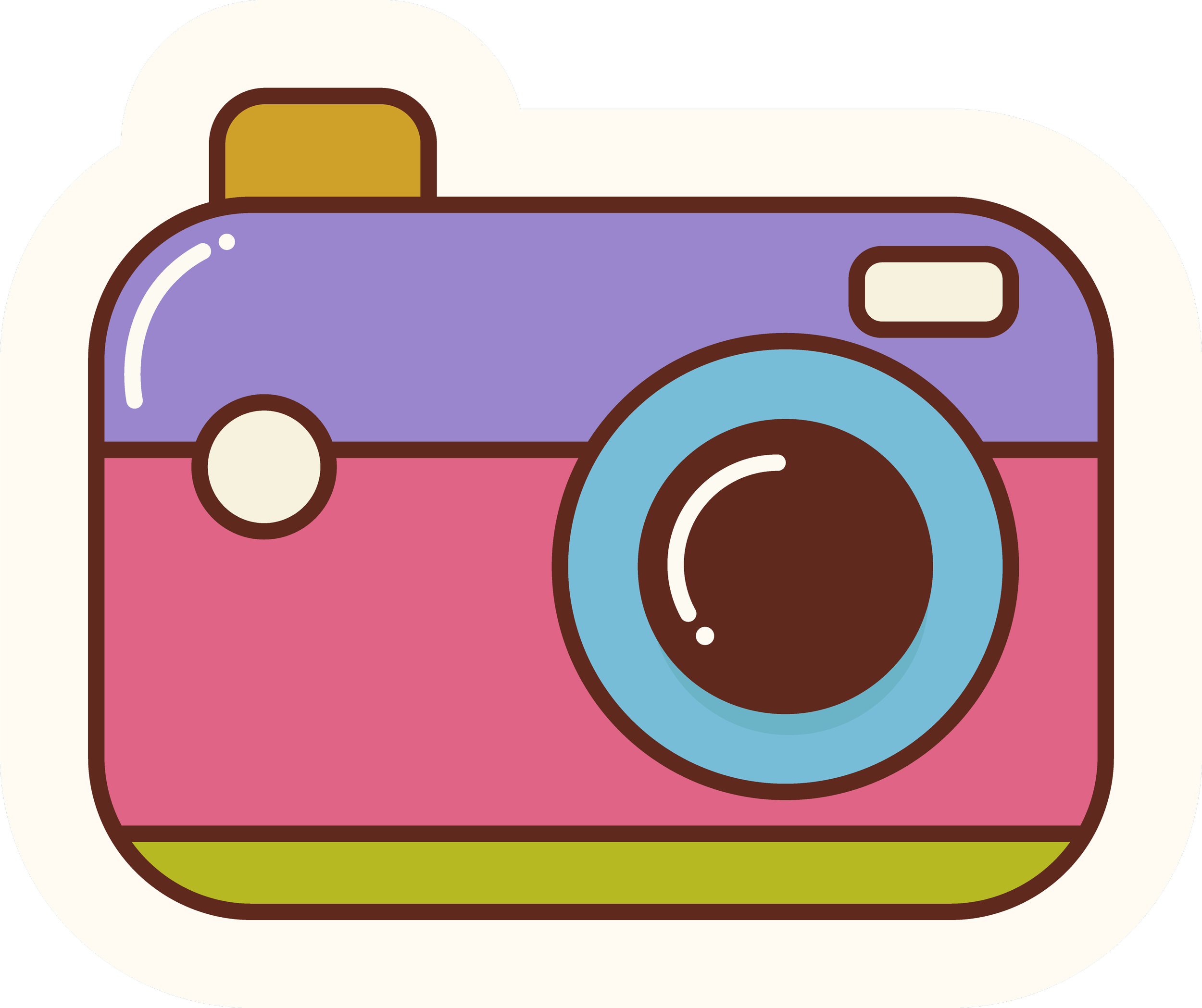 A colorful, stylized illustration of a vintage camera with pink, purple, yellow, and blue accents on a white background.