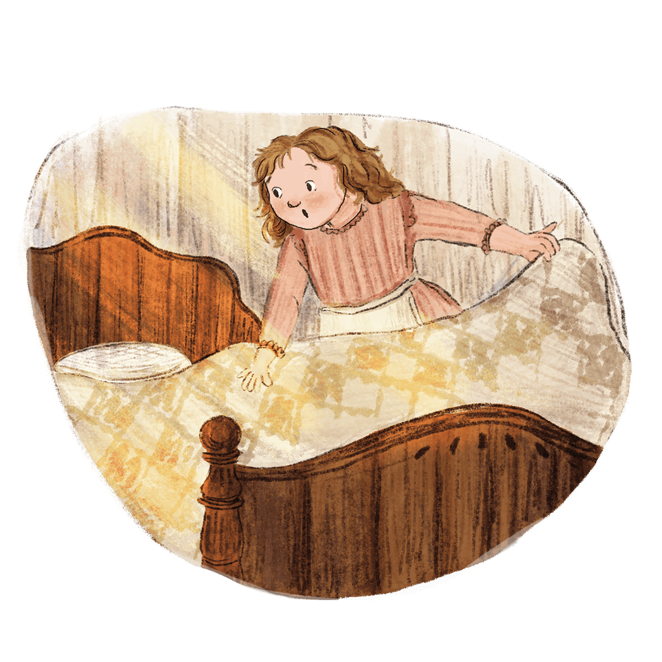Catherine Evans Whitener, a young girl with curly hair making the bed in a cozy bedroom with warm lighting.