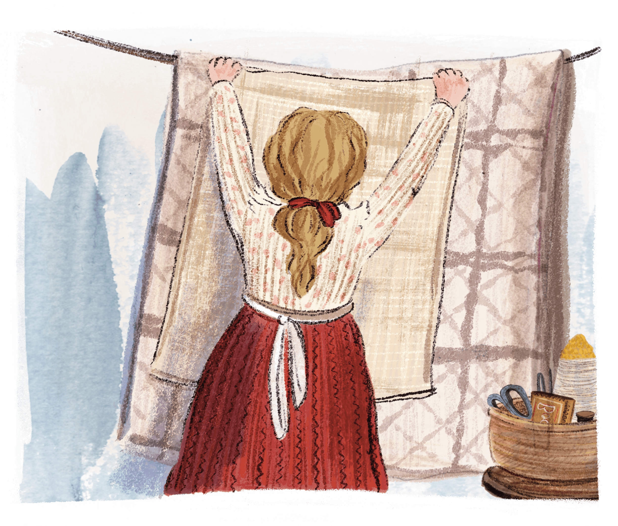 Catherine Evans Whitener with long blonde hair tied with a red ribbon is hanging a quilt or blanket on a clothesline outdoors. The child is wearing a long-sleeved striped top and a red skirt.