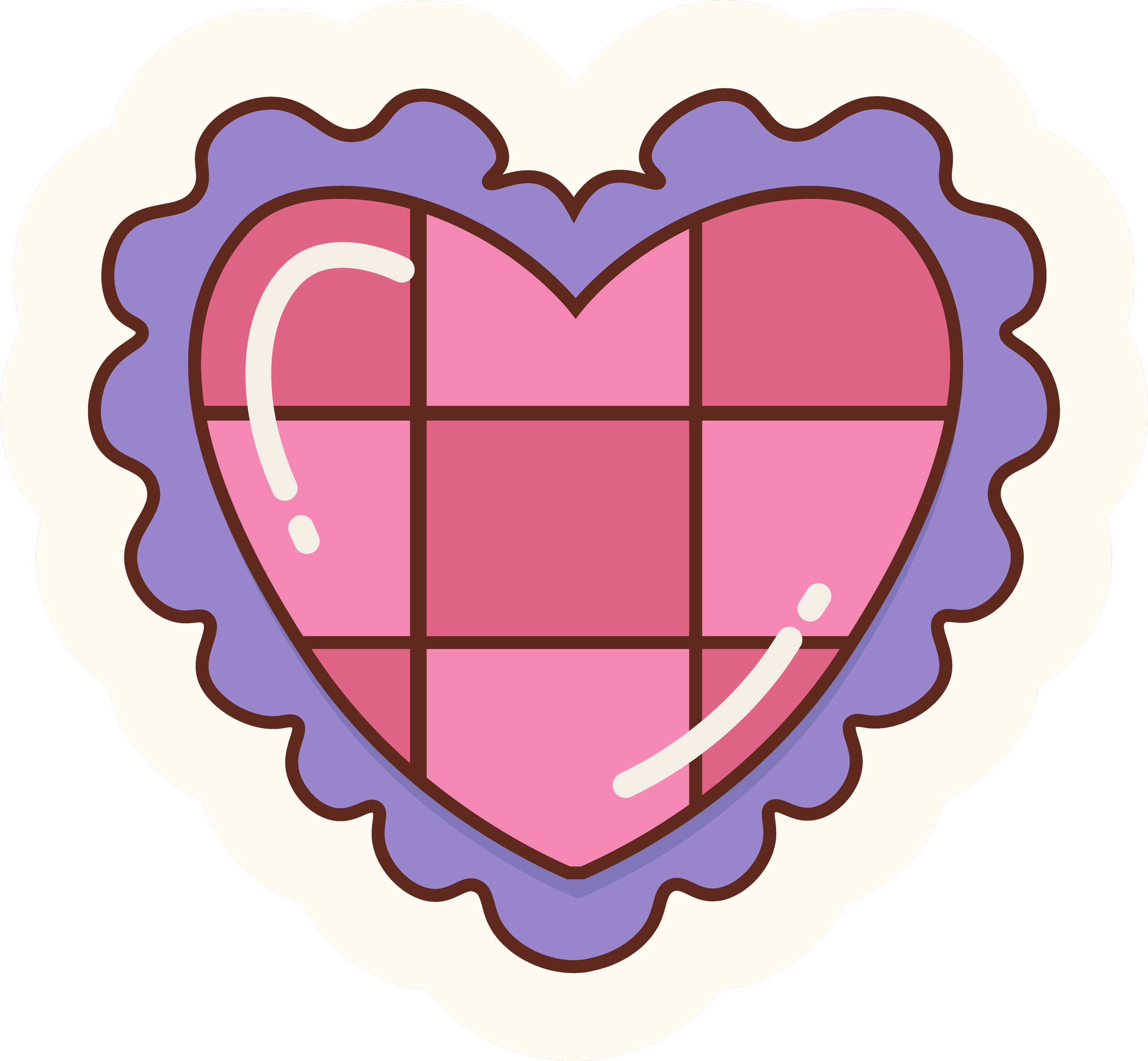 Colorful stylized illustration of a heart with a zigzag outline, encircled by decorative purple and white cloud-like shapes.