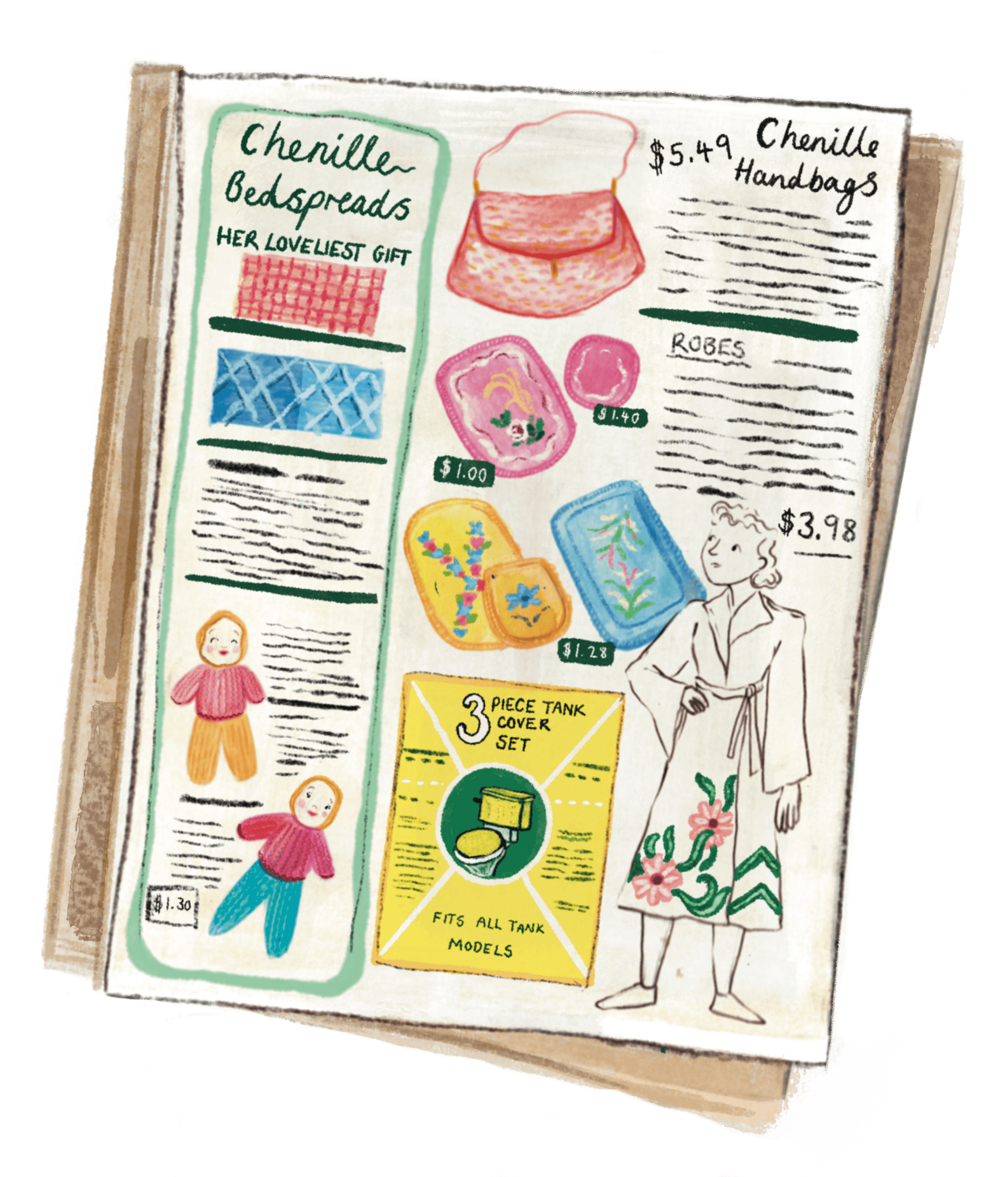 A colorful advertisement poster featuring various products including chenille bedspreads, handbags, and robes. The poster has illustrations of the items with prices and descriptions, and a hand-drawn woman in a dress. The title reads "Chenille Bedspreads" and "Her Loveliest Gift."