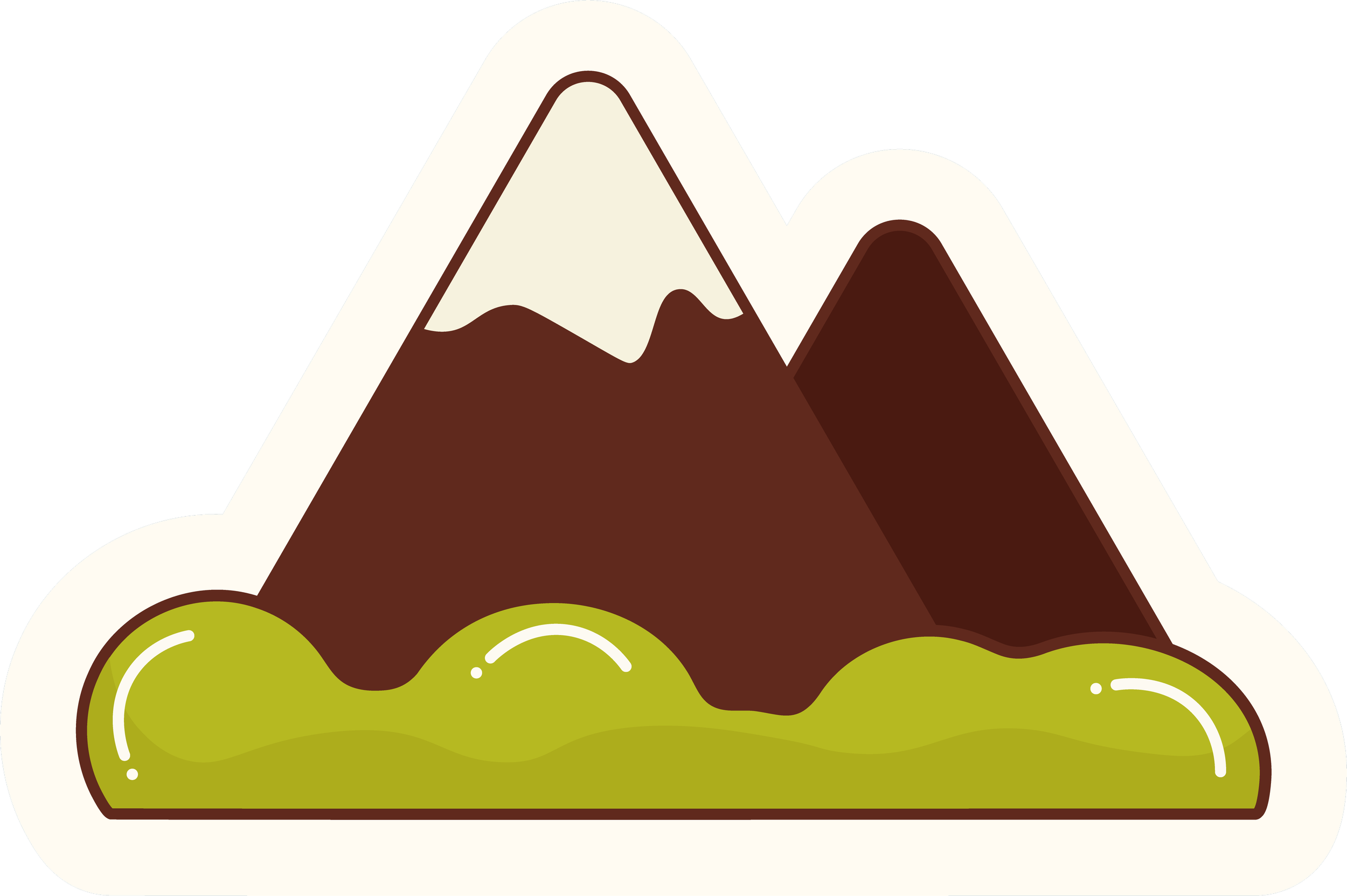 A cartoon-style illustration of a mountain with snow on top, with green hills at the base of the mountain.