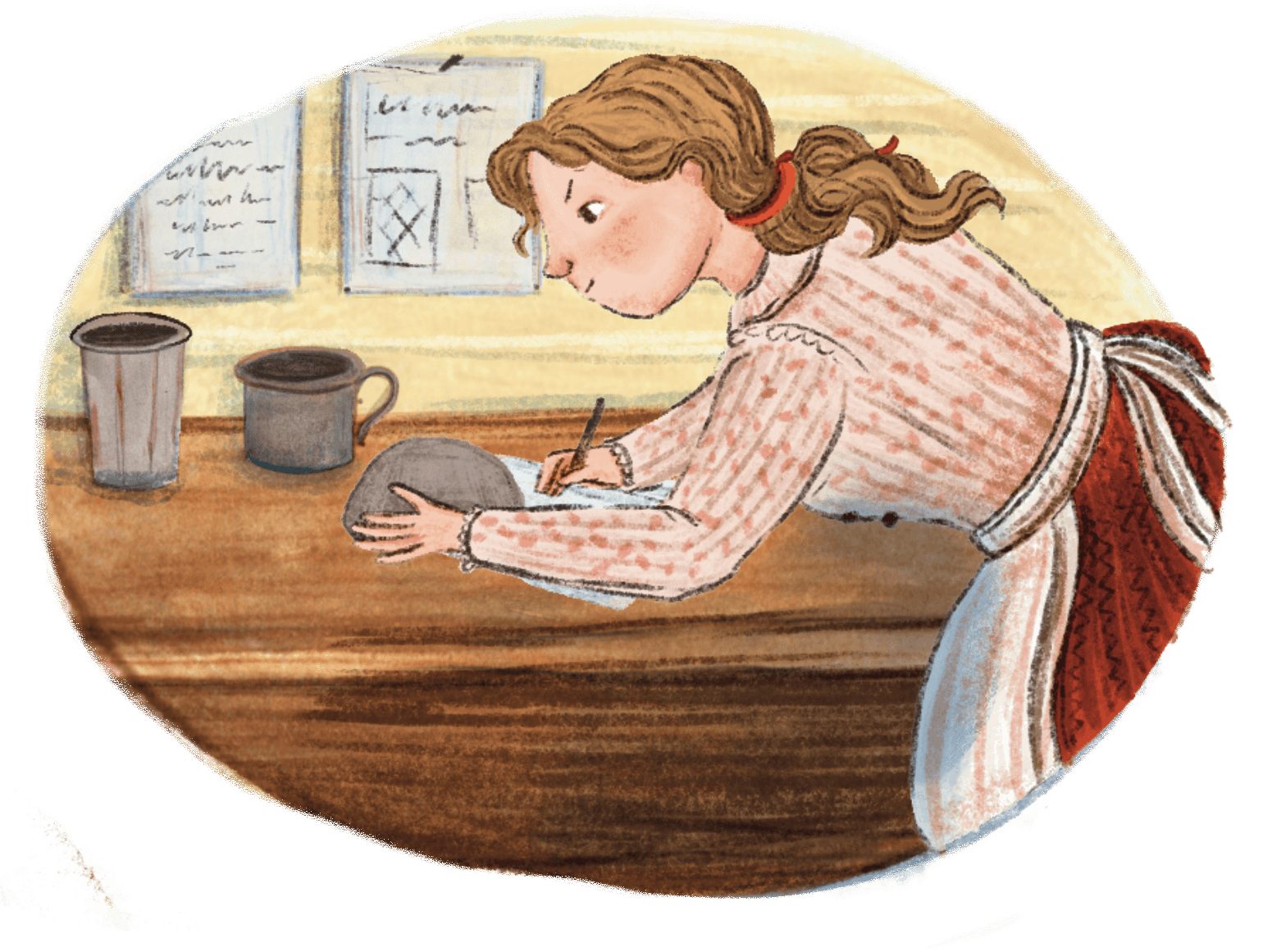 A girl with curly hair in a striped dress and apron writing in a notebook on a wooden table with two cups nearby, in a cozy room with framed pictures on the wall.