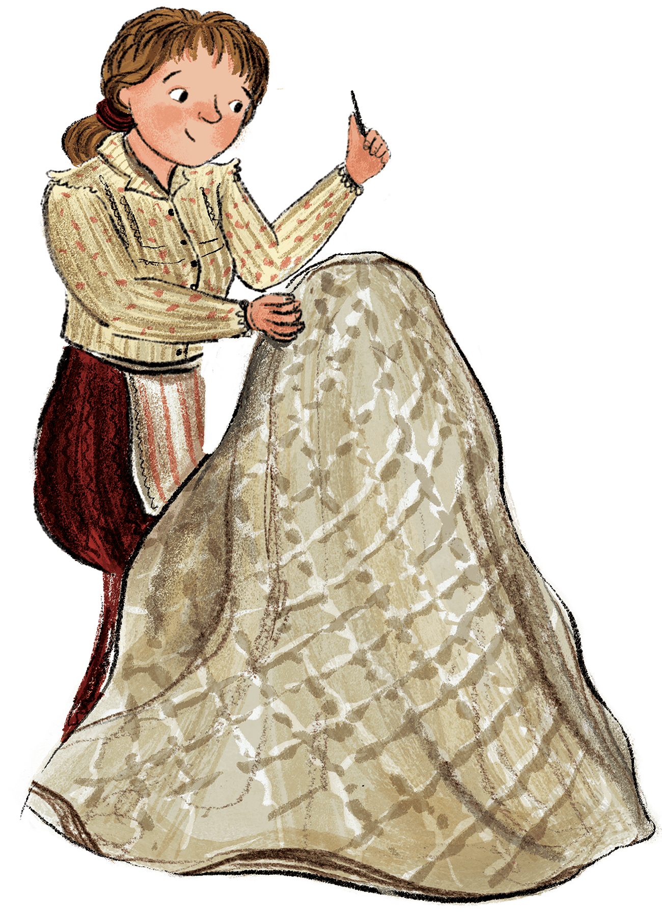 Catherine Evans Whitener with brown hair in a braid is holding a needle and a piece of fabric, sewing.