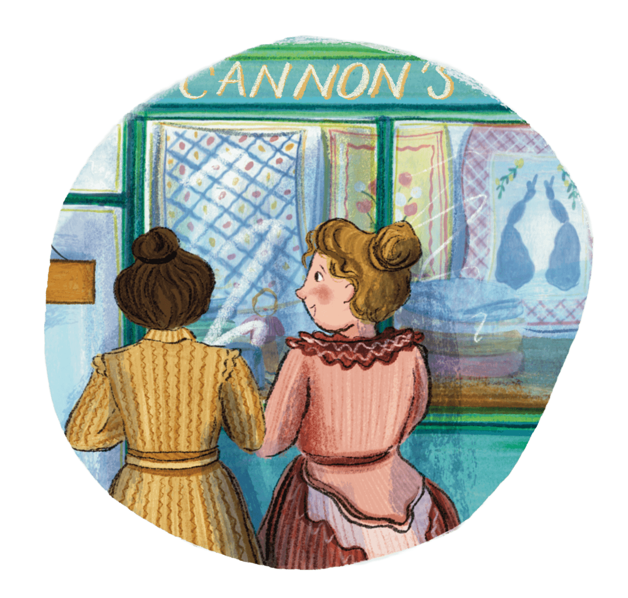 Illustration of two women with vintage hairstyles and dresses inside a bakery or candy shop window, looking at the display.