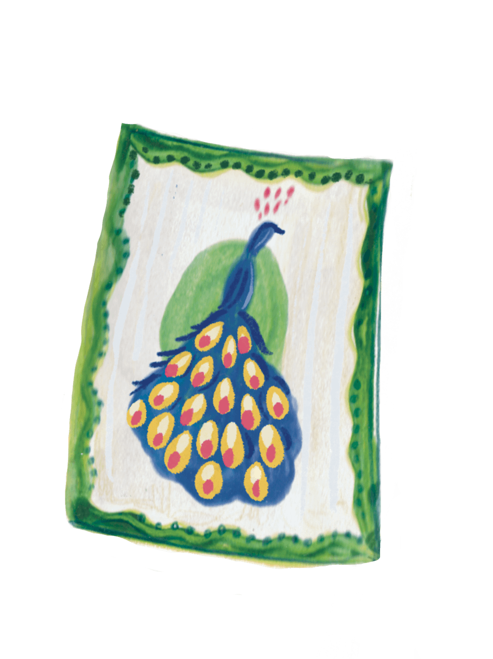 Colorful illustration of a peacock with its feathers fanned out, surrounded by green border.