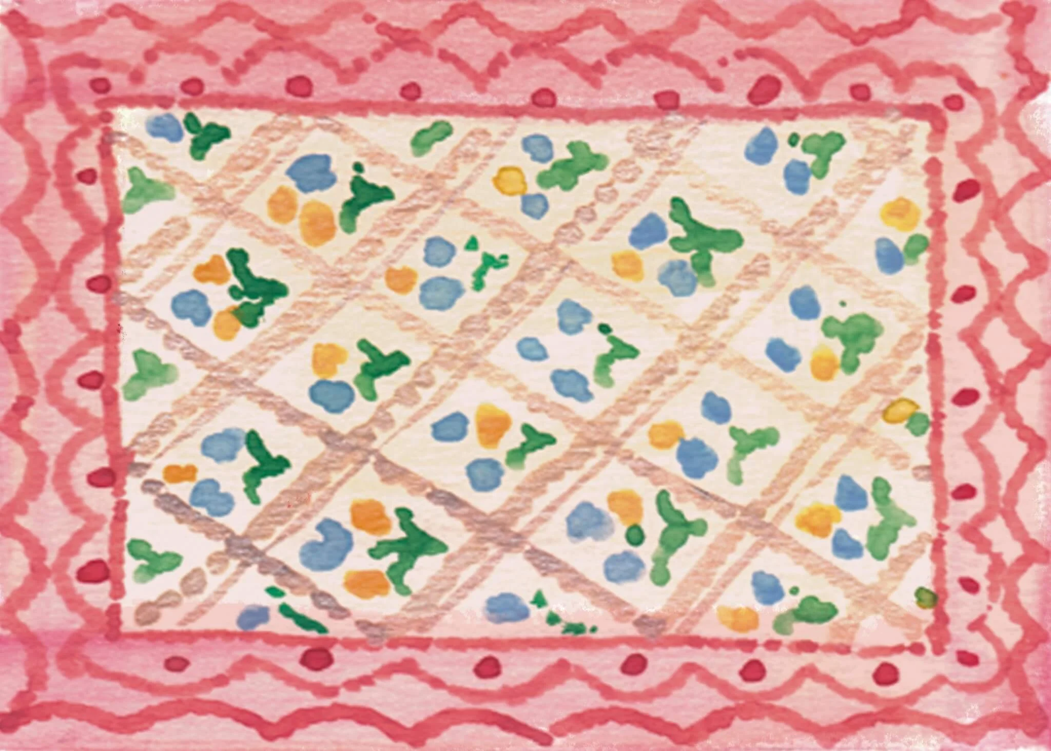 A colorful abstract pattern with red, green, blue, yellow, and orange dots and lines on a pink background.