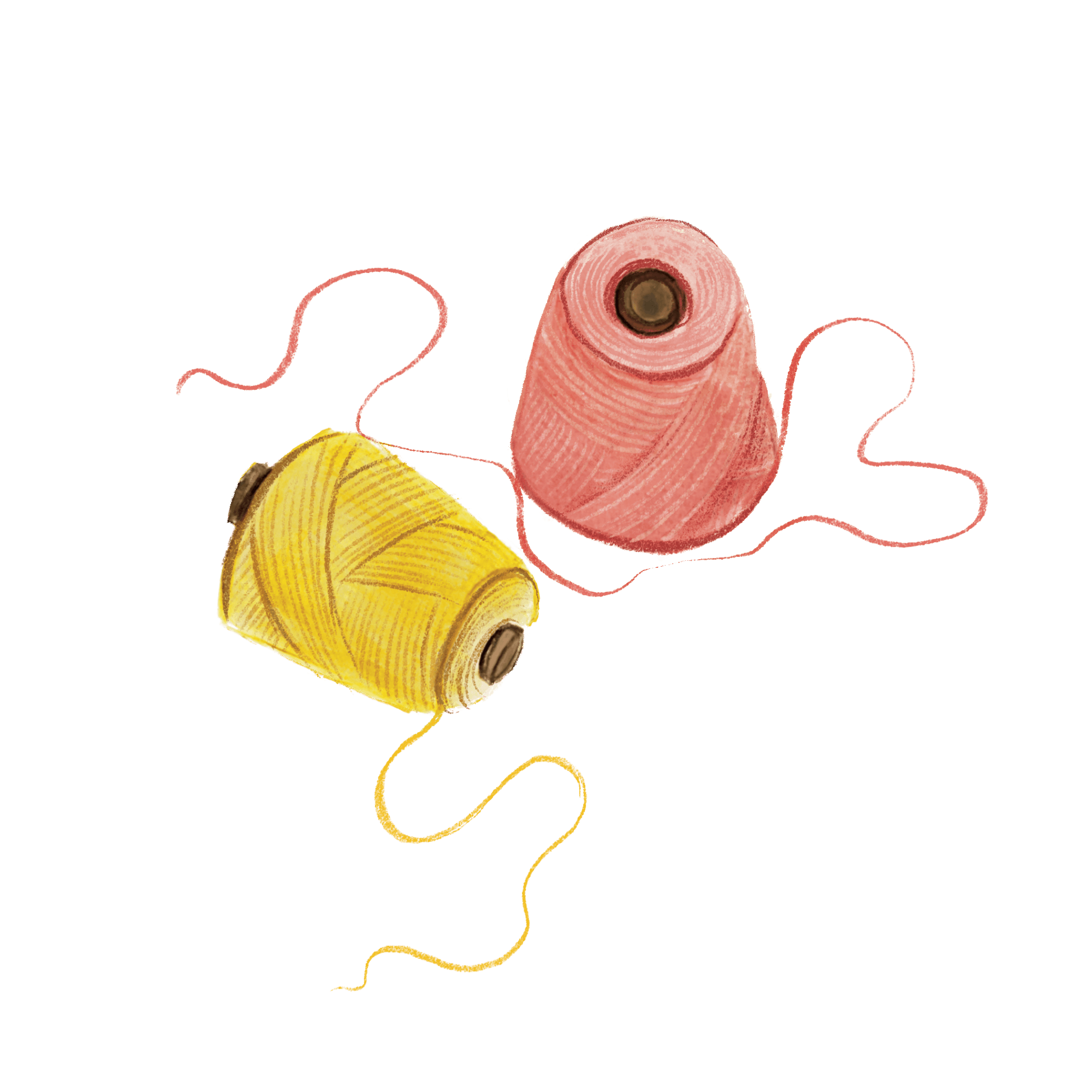Illustration of colorful balls of yarn connected by loose threads, used for knitting or crocheting.
