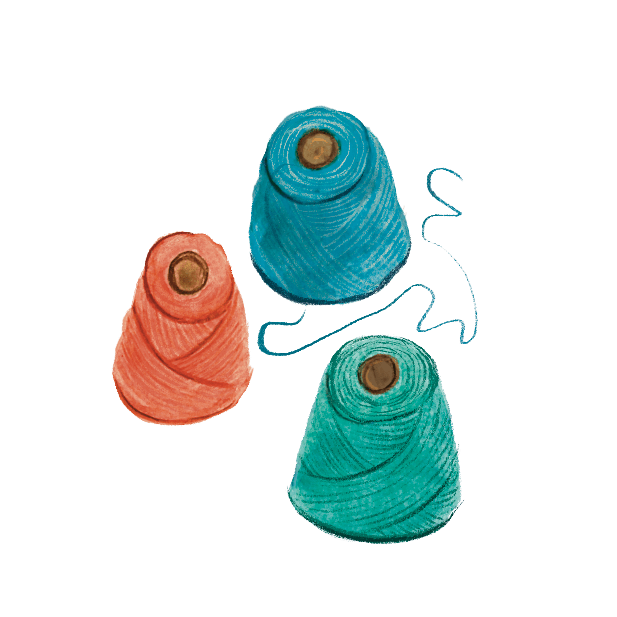 Three spools of thread in red, blue, and green colors with loose threads curling, on a black background.