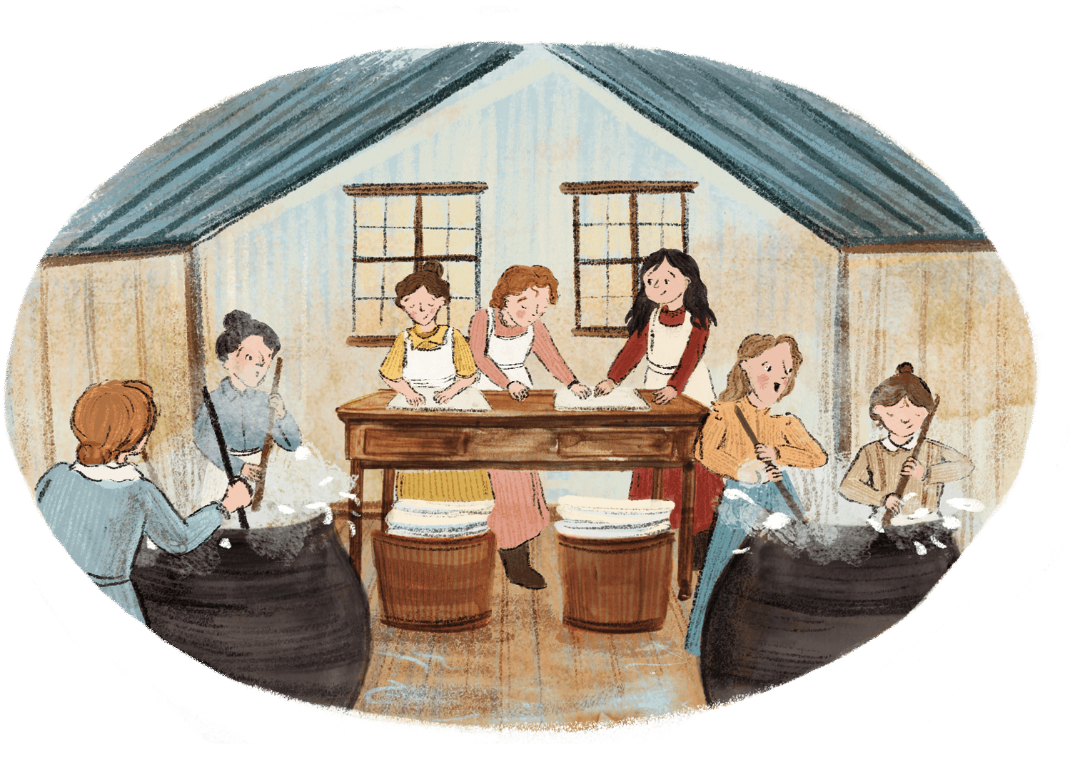 Children working on fabric or sewing projects in a cozy, rustic classroom with wooden walls and two windows, supervised by women.