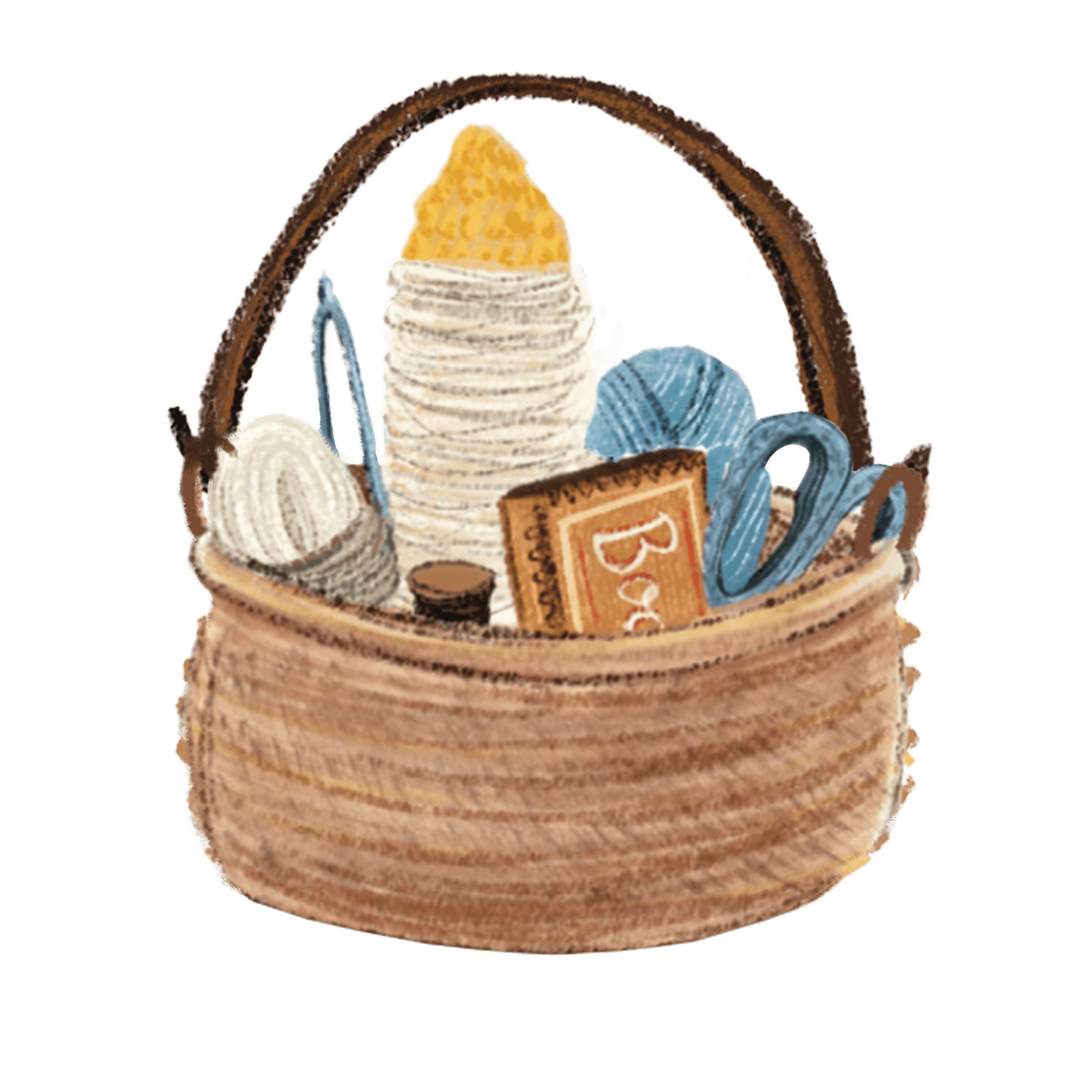 A basket filled with various yarns and a crochet hook.